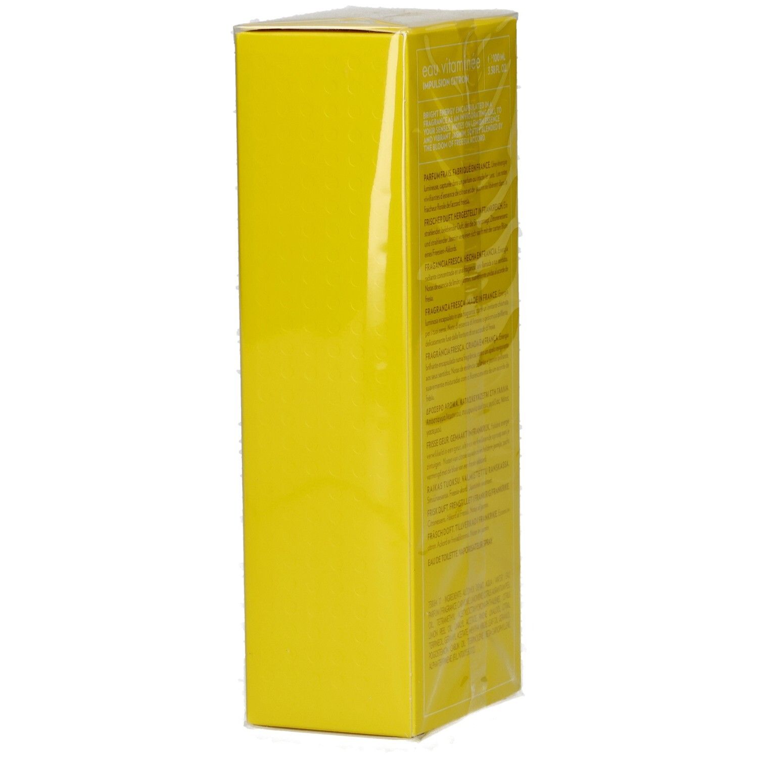 Seitenansicht der BIOTHERM Eau Vitaminée Impulsion Citron Kartonverpackung, glänzend und gelb.