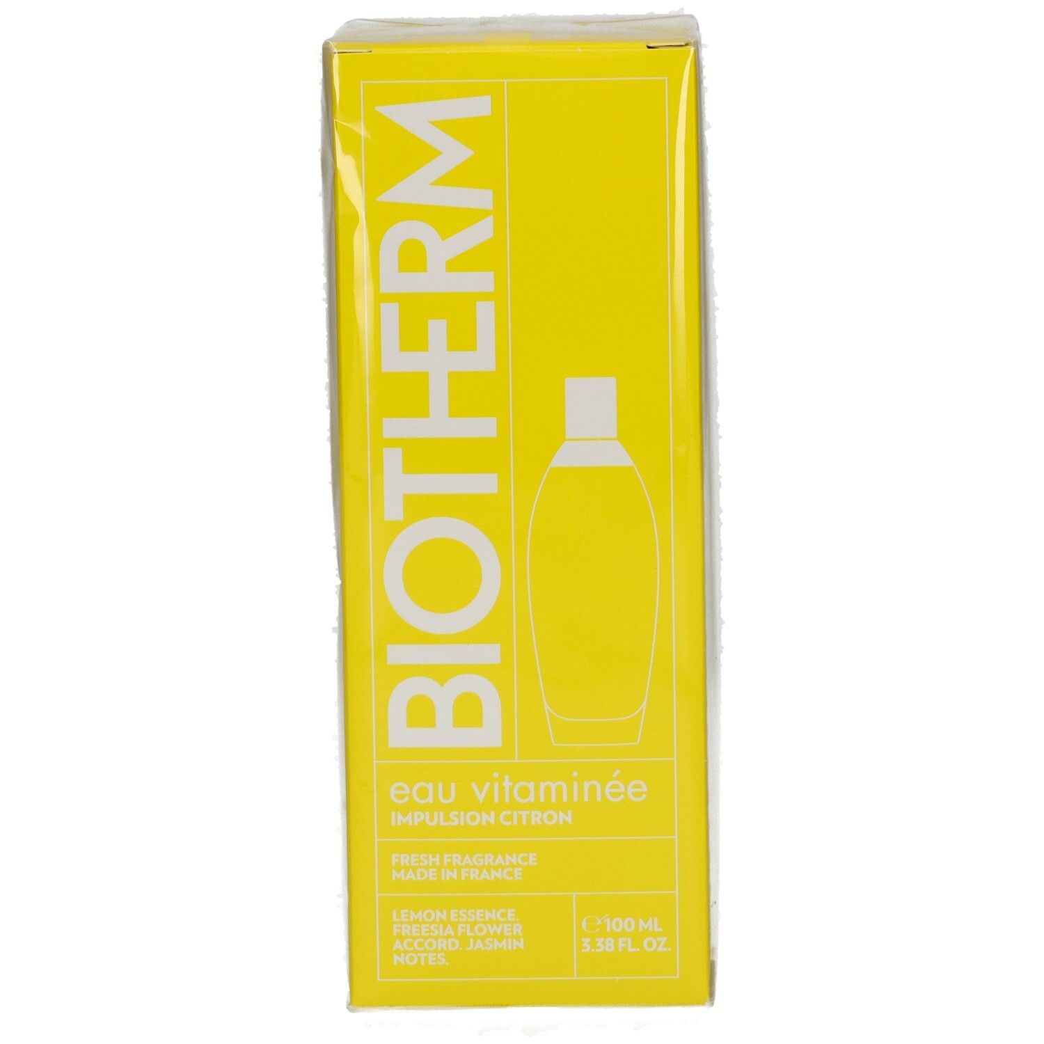 Vorderseite der BIOTHERM Eau Vitaminée Impulsion Citron Kartonverpackung mit Logo und Produktabbildung.