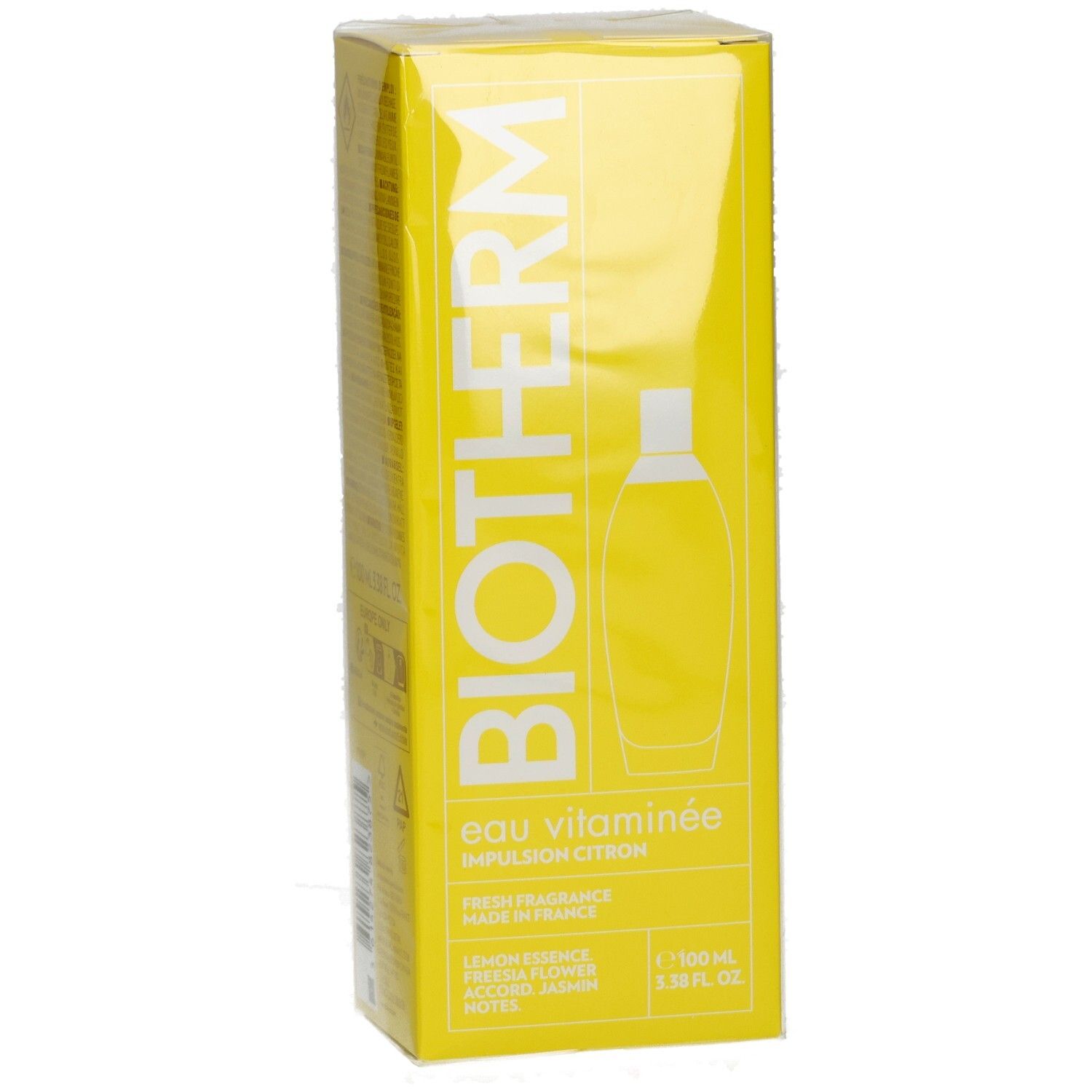BIOTHERM Eau Vitaminée Impulsion Citron Karton. Gelbe Verpackung mit weißem Schriftzug und Flaschenkontur.