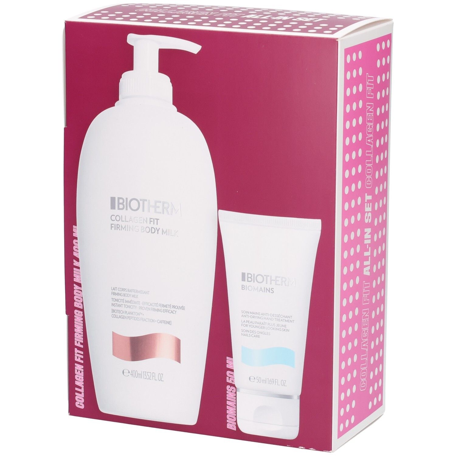 BIOTHERM Collagen Fit Set: Pumpspender und Tube mit Cremes, Nahaufnahme.