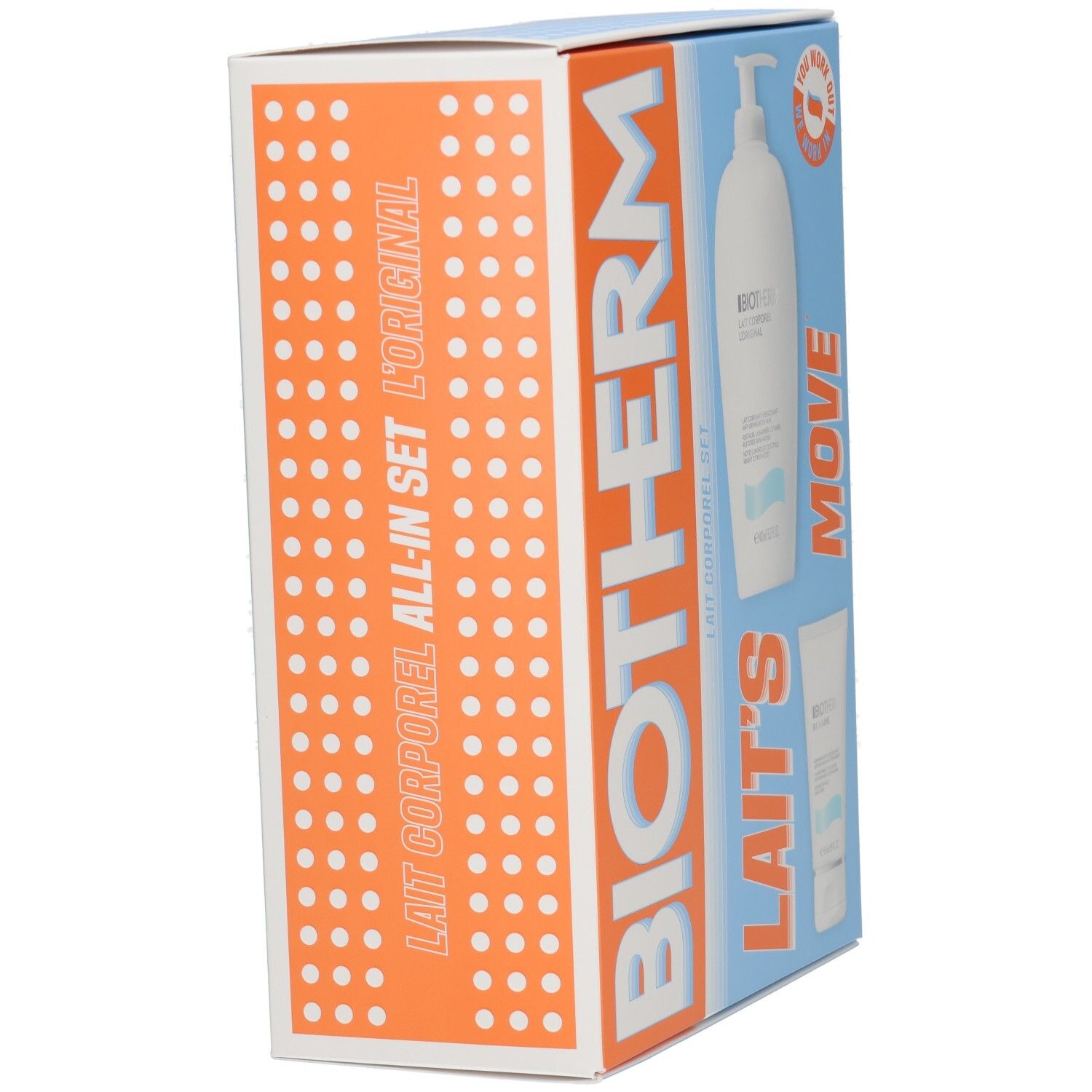 Biotherm Set: Lait Corporel All-in-Set L'Original. Enthält eine weiße Lotionflasche mit Pumpspender und eine weiße Tube.