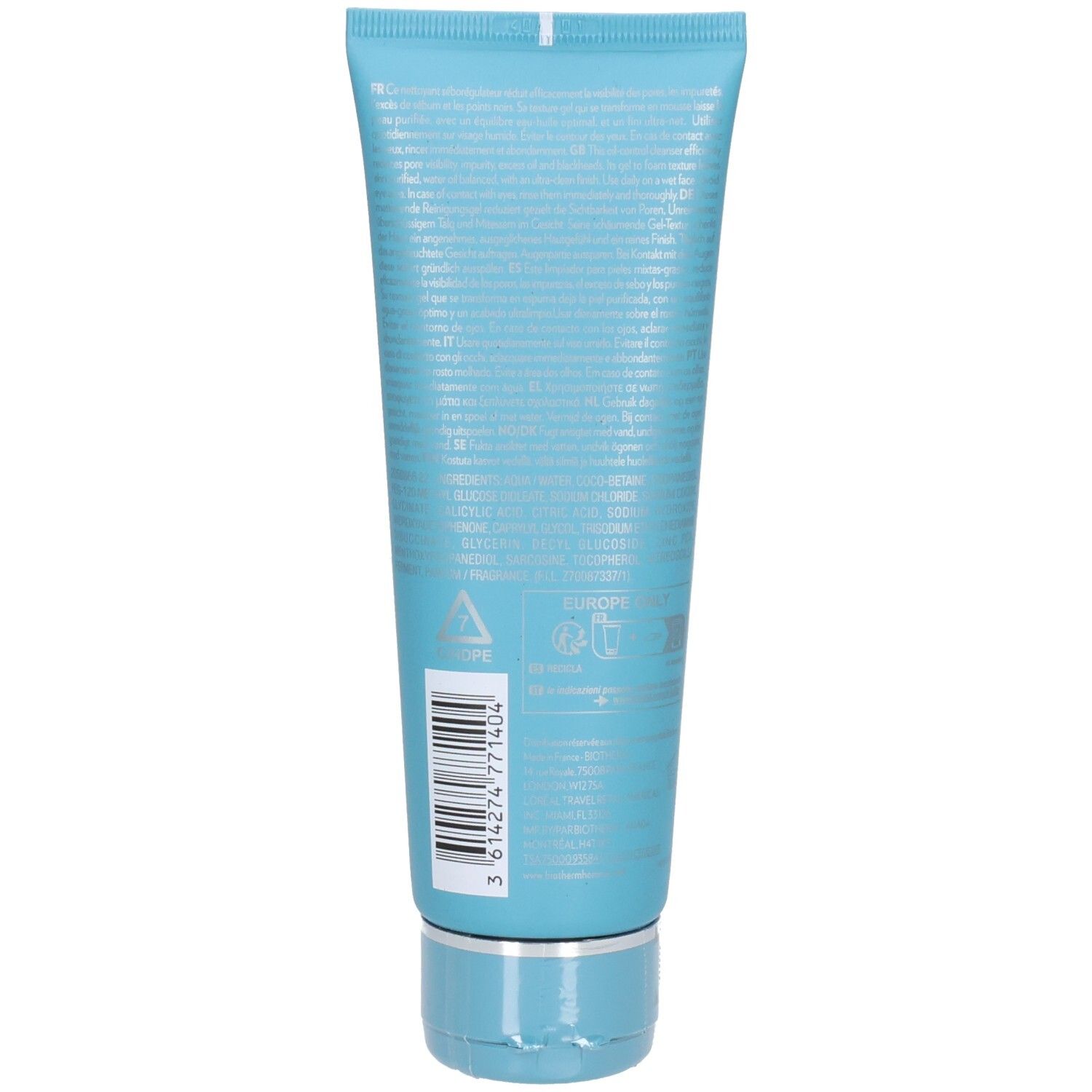 Hellblaue Tube mit silbernem Verschluss und detaillierten weißen Textinformationen und einem Barcode.