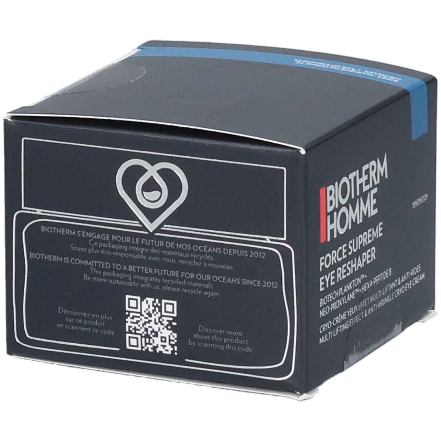 BIOTHERM HOMME Force Supreme Eye Reshaper Verpackung mit Nachhaltigkeitsinformationen.