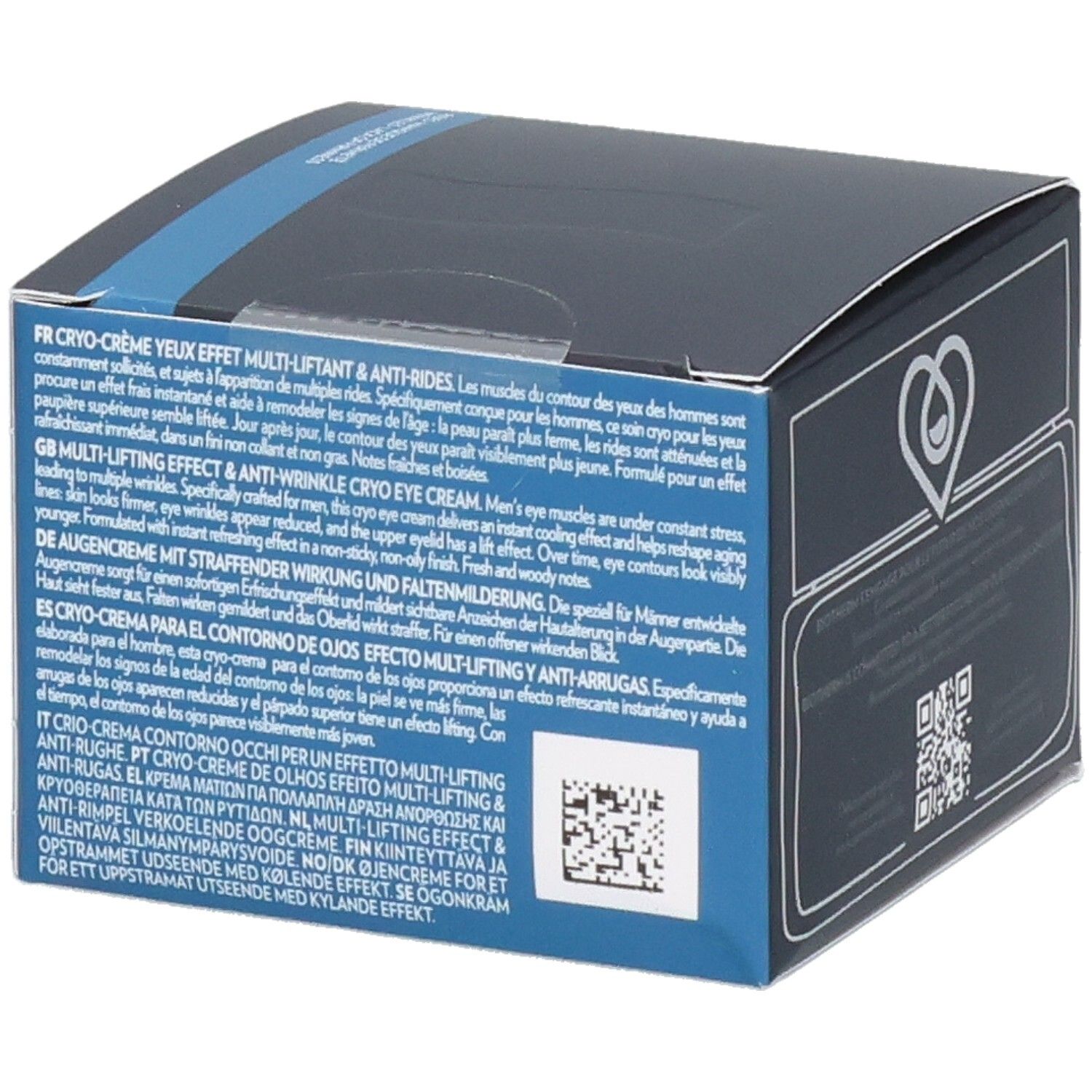 BIOTHERM HOMME Force Supreme Eye Reshaper Verpackung mit Anwendungsbeschreibung in mehreren Sprachen.