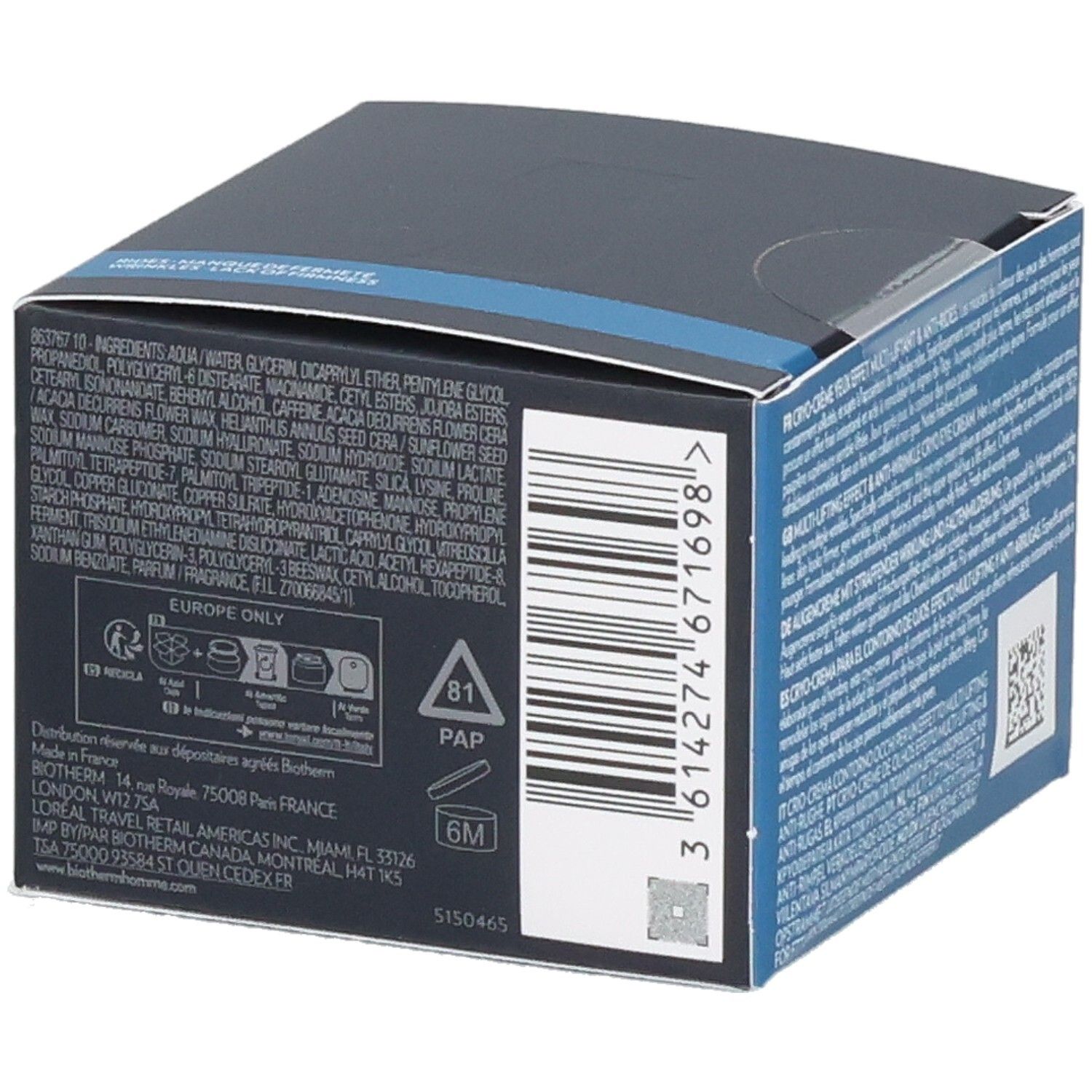 BIOTHERM HOMME Force Supreme Eye Reshaper Verpackung mit Inhaltsstoffen und Barcode.