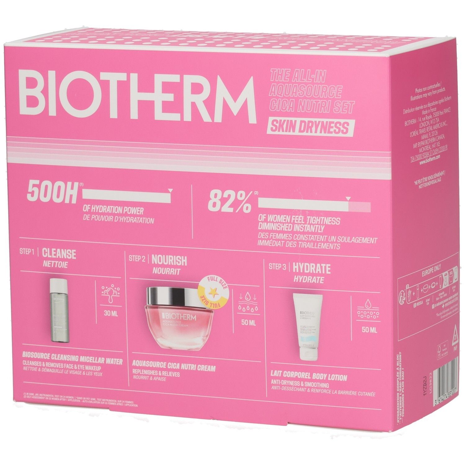 Biotherm Skin Dryness Set: Reinigen, Nähren, Hydrieren. Enthält 50ml Mizellenwasser, 50ml Cica Feuchtigkeitscreme, 50ml Körperlotion.