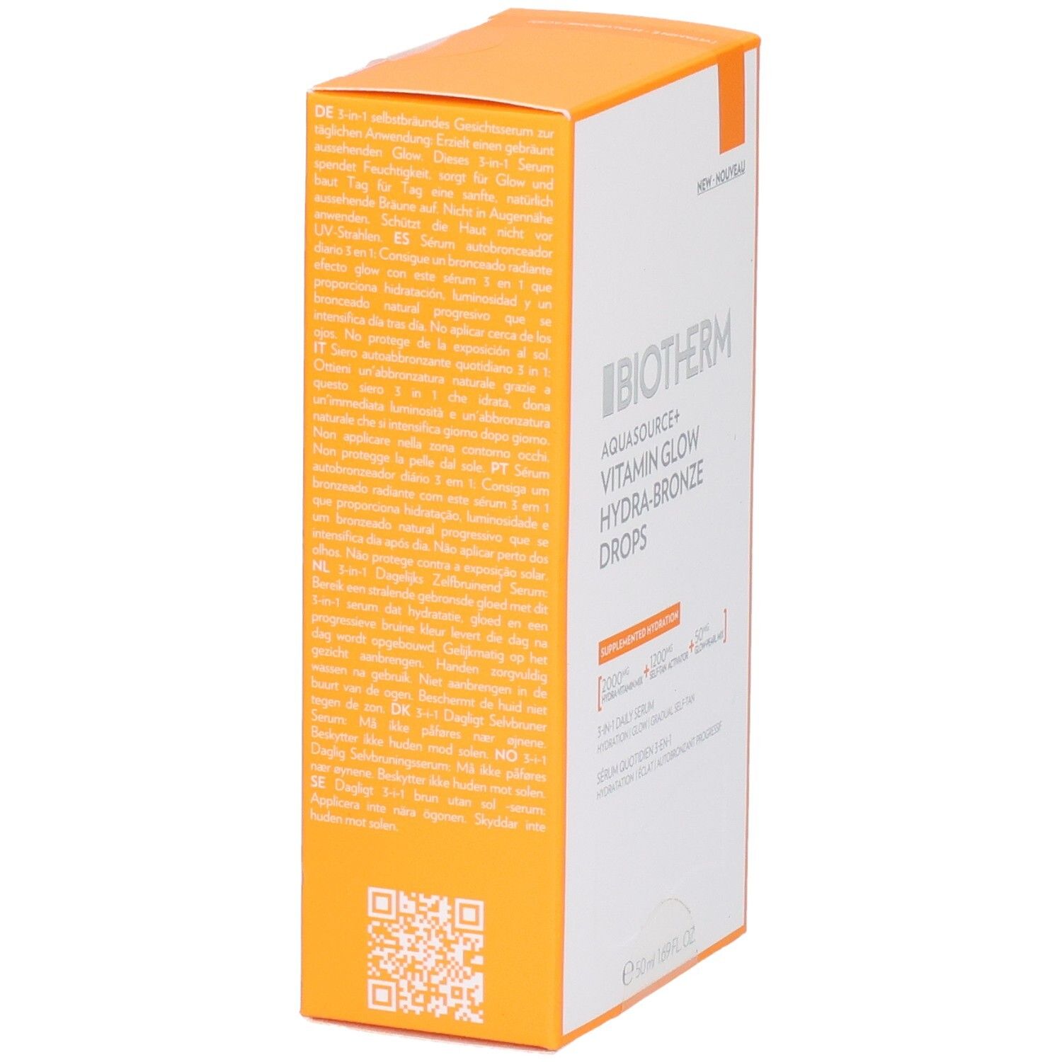 Seitenansicht der Biotherm Aquasource+ Vitamin Glow Hydra-Bronze Drops Verpackung mit Text.