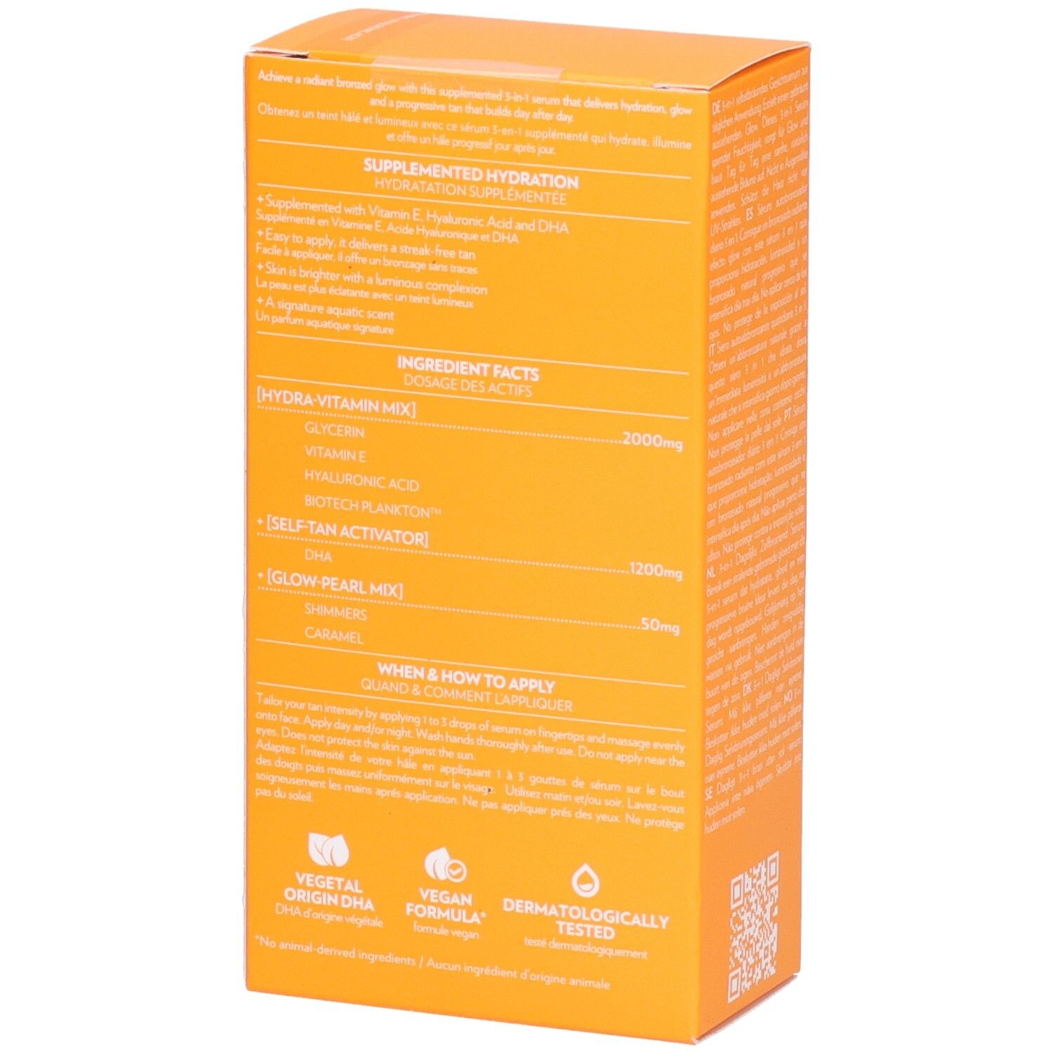 Rückseite der Biotherm Aquasource+ Vitamin Glow Hydra-Bronze Drops Verpackung mit Inhaltsstoffen.