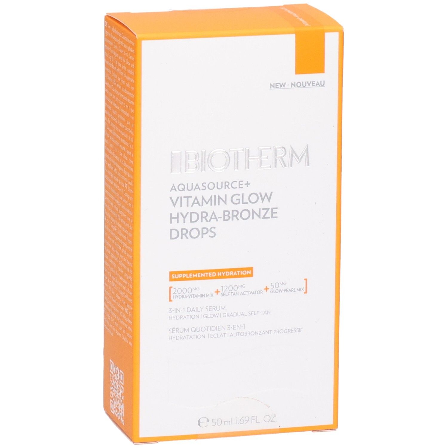Vorderseite der Biotherm Aquasource+ Vitamin Glow Hydra-Bronze Drops Verpackung, 50ml.