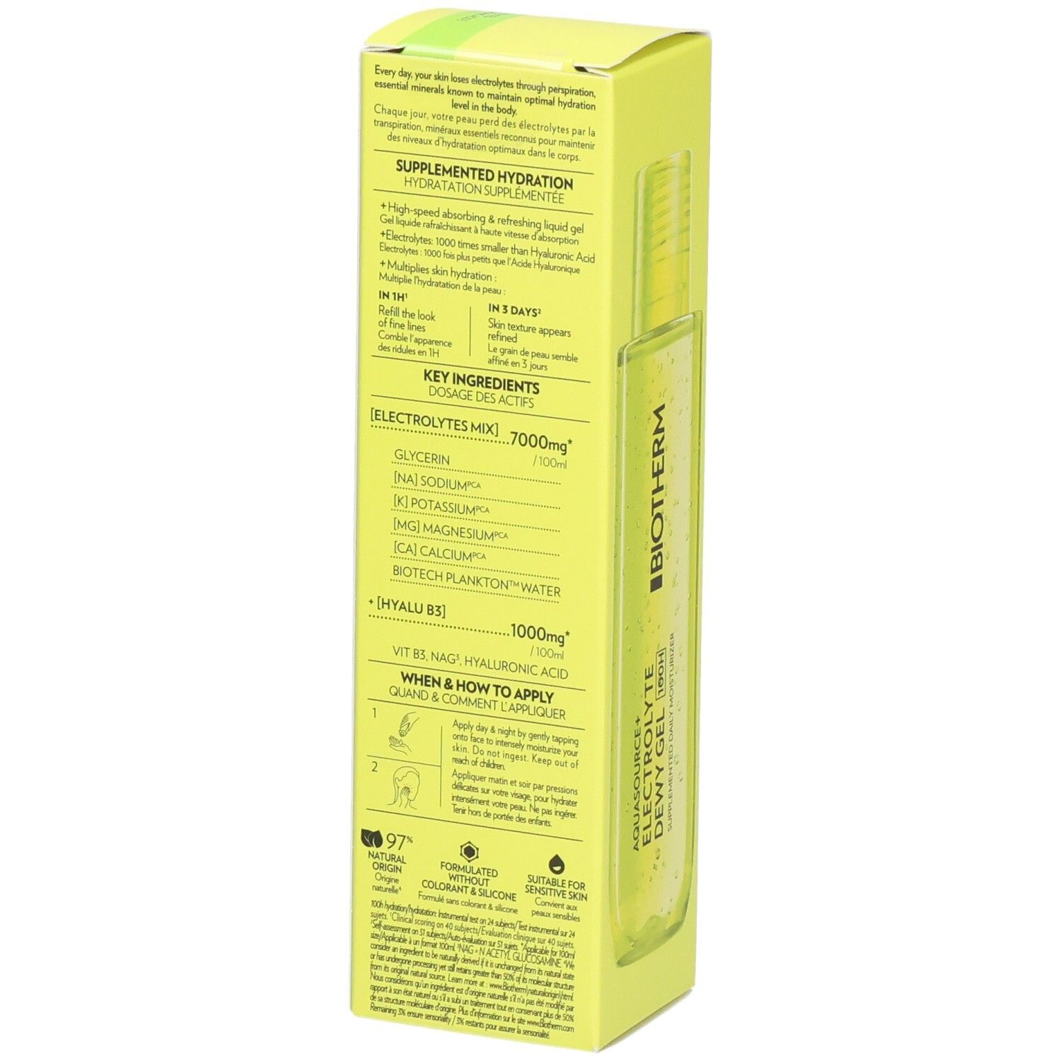 Rückseite der Biotherm Aquasource+ Electrolyte Dewy Gel 100H Verpackung mit Inhaltsstoffen.