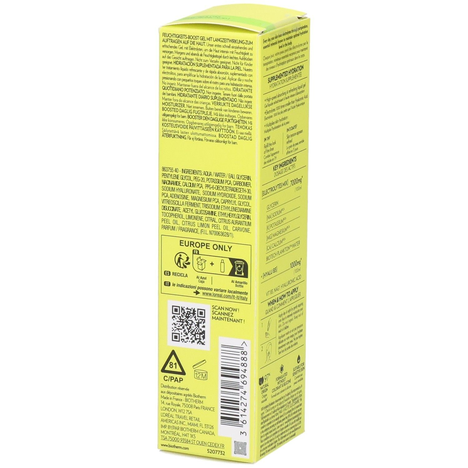 Seitenansicht der Biotherm Aquasource+ Electrolyte Dewy Gel 100H Verpackung mit Details.