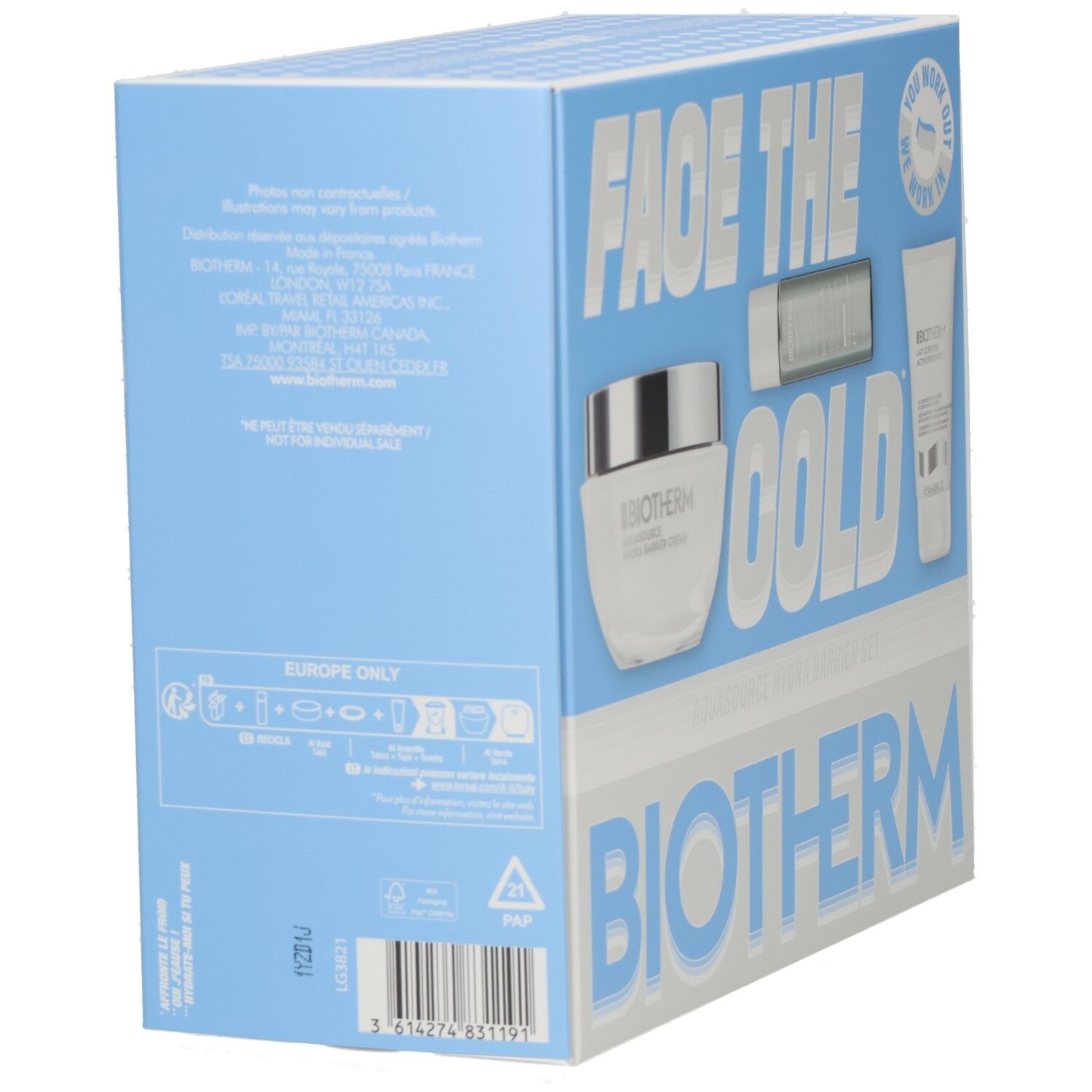 Rückseite der Biotherm Aquasource Hydra Barrier Set Kosmetikverpackung mit Produktinformationen und Barcode.