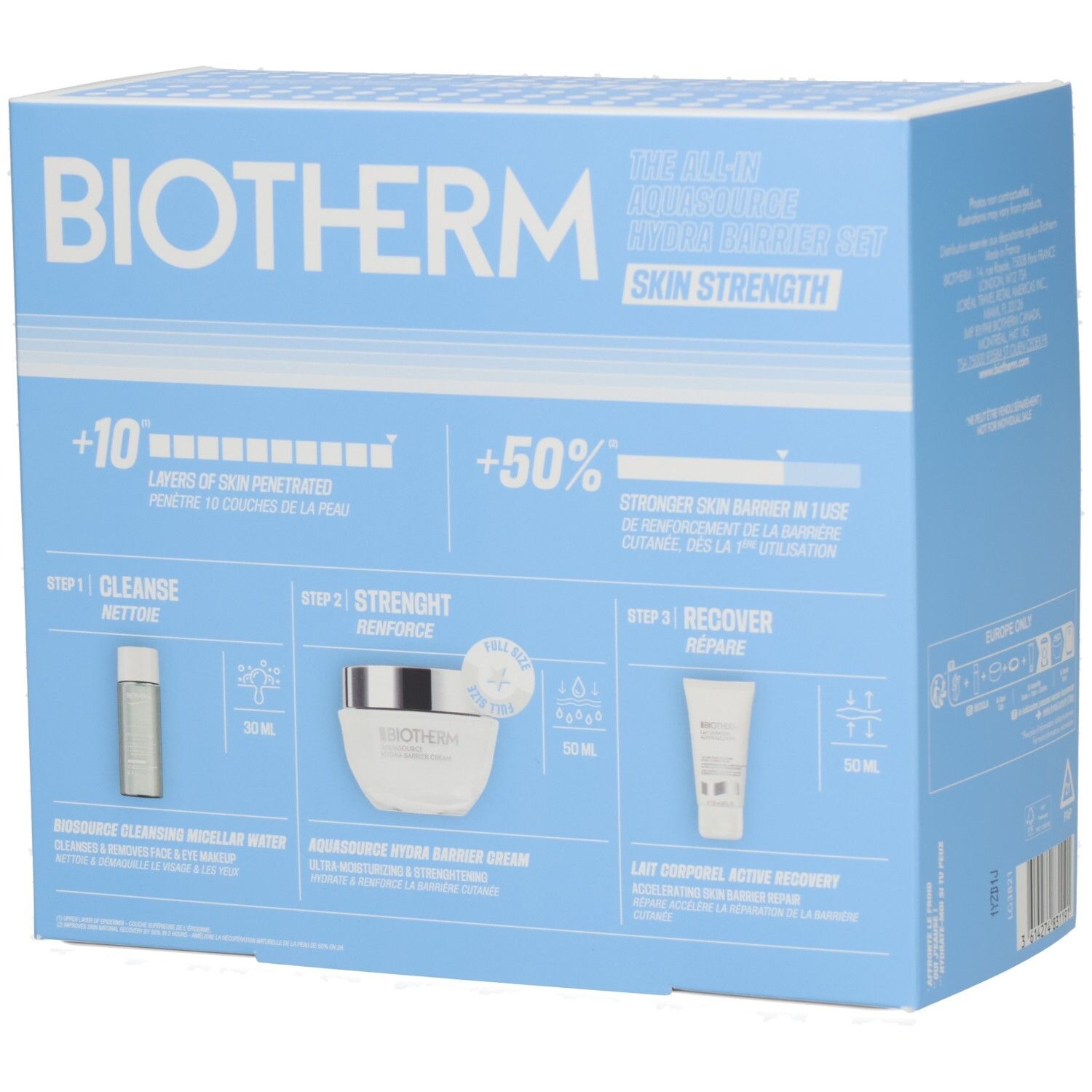 Biotherm Aquasource Hydra Barrier Set Kosmetikverpackung mit Produktabbildungen und Anwendungsschritten.
