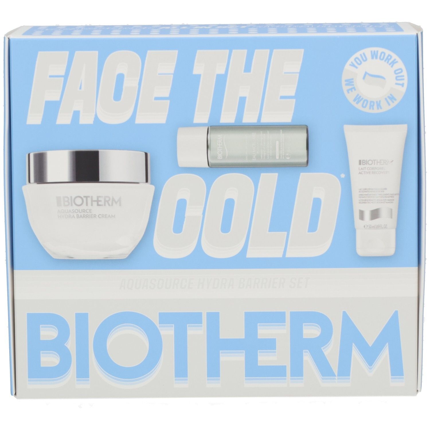 Biotherm Aquasource Hydra Barrier Set Kosmetikverpackung mit drei Produkten: Tiegel, Tube und Fläschchen.