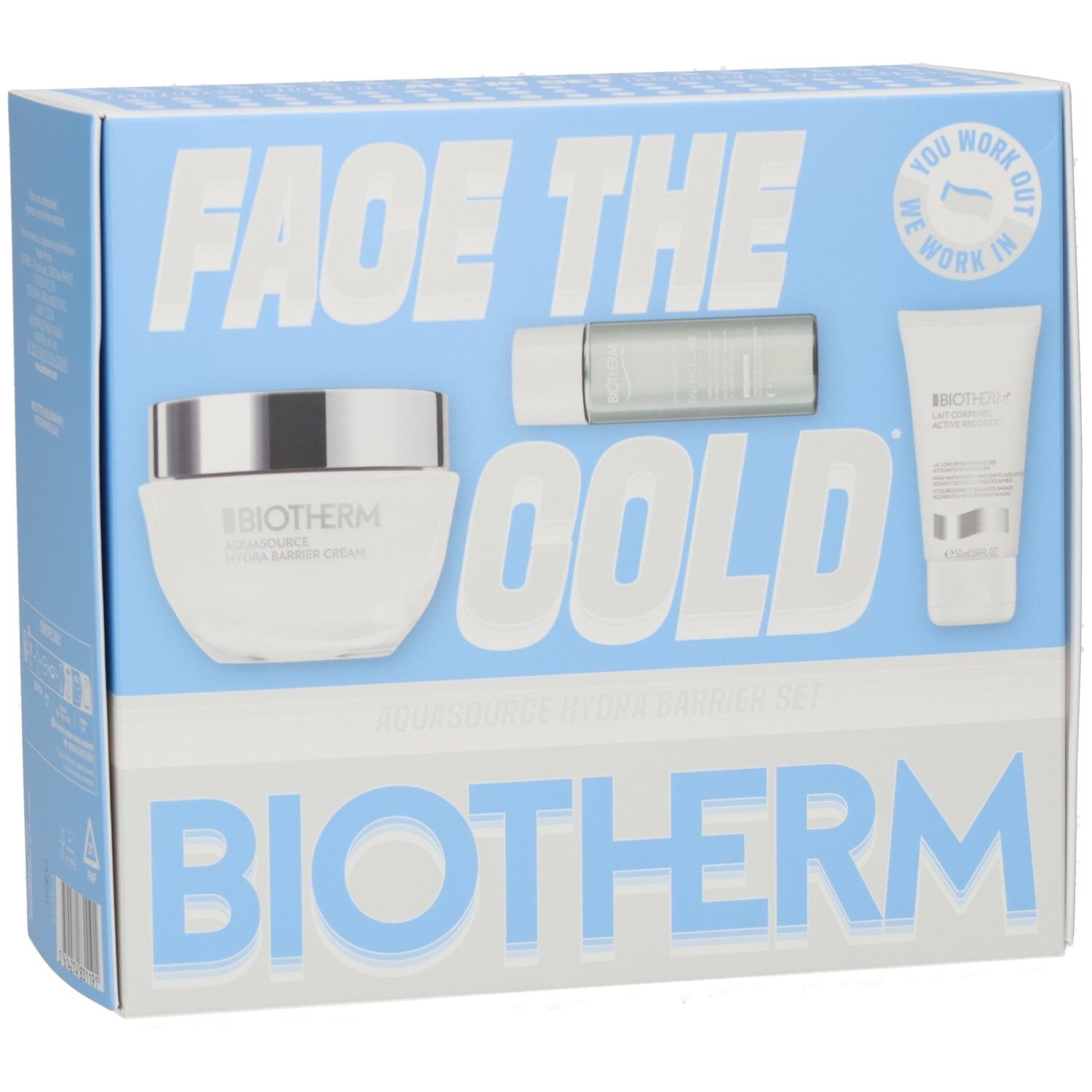 Biotherm Aquasource Hydra Barrier Set Kosmetikverpackung mit drei Produkten: Tiegel, Tube und Fläschchen.