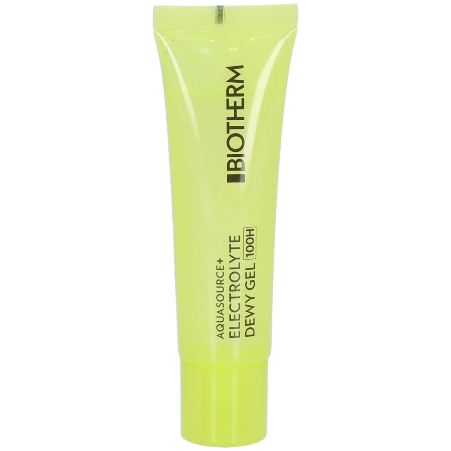 BIOTHERM Aquasource+ Electrolyte Dewy Gel 100H Tube. Gel-Creme in einer gelben Tube mit schwarzem Aufdruck.