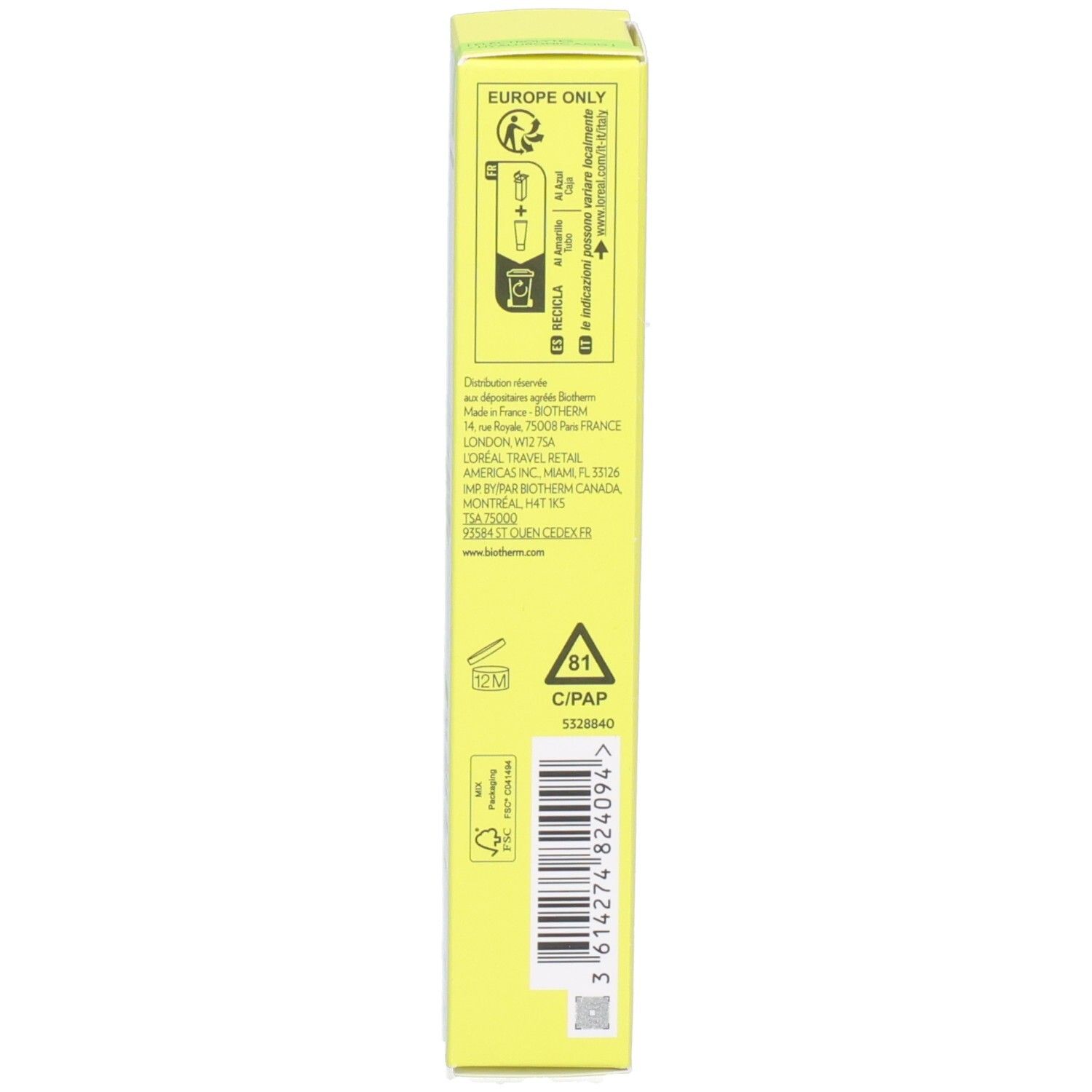Seitenansicht der BIOTHERM Aquasource+ Electrolyte Dewy Gel 100H Verpackung mit Recycling-Symbolen und Barcode.