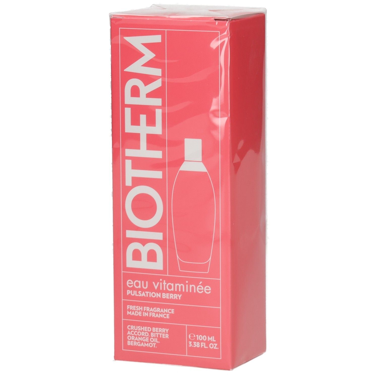 BIOTHERM Eau Vitaminée Pulsation Berry, 100ml. Rote Verpackung mit Flaschen-Silhouette und Produktnamen.