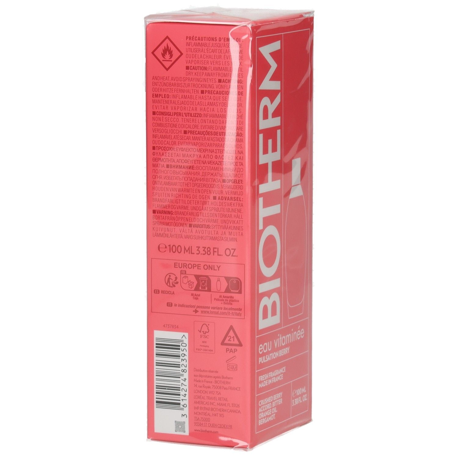 Rückseite der BIOTHERM Eau Vitaminée Pulsation Berry Verpackung mit Warnsymbolen und Produktinformationen.