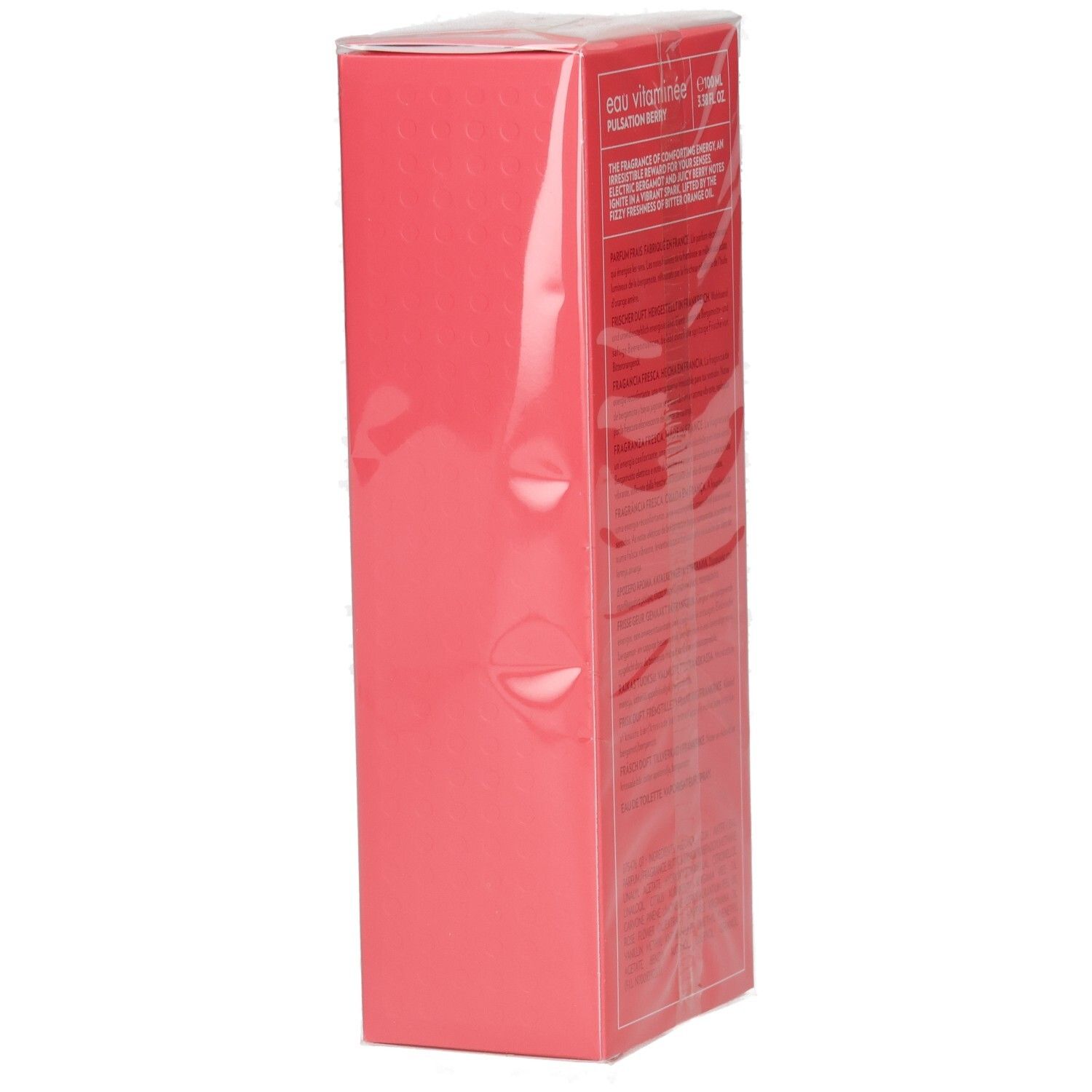 Seitenansicht der BIOTHERM Eau Vitaminée Pulsation Berry Verpackung, rote Box mit weißer Schrift.