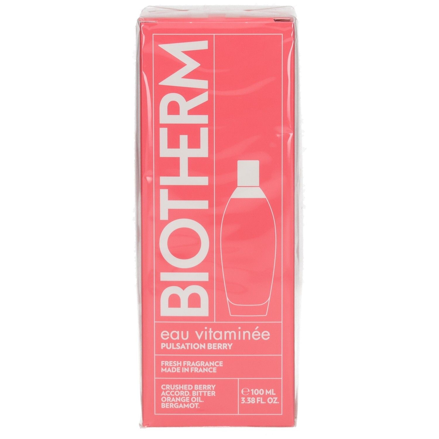 BIOTHERM Eau Vitaminée Pulsation Berry, 100ml. Rote Verpackung mit Flaschen-Silhouette und Produktnamen.
