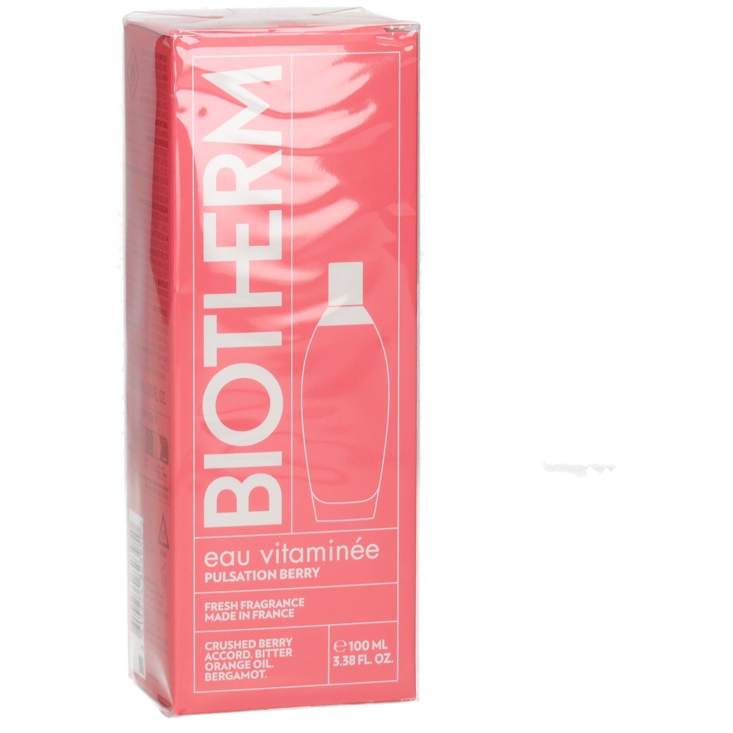 Vorderseite der BIOTHERM Eau Vitaminée Pulsation Berry Verpackung, 100ml. Rote Box mit weißer Schrift.