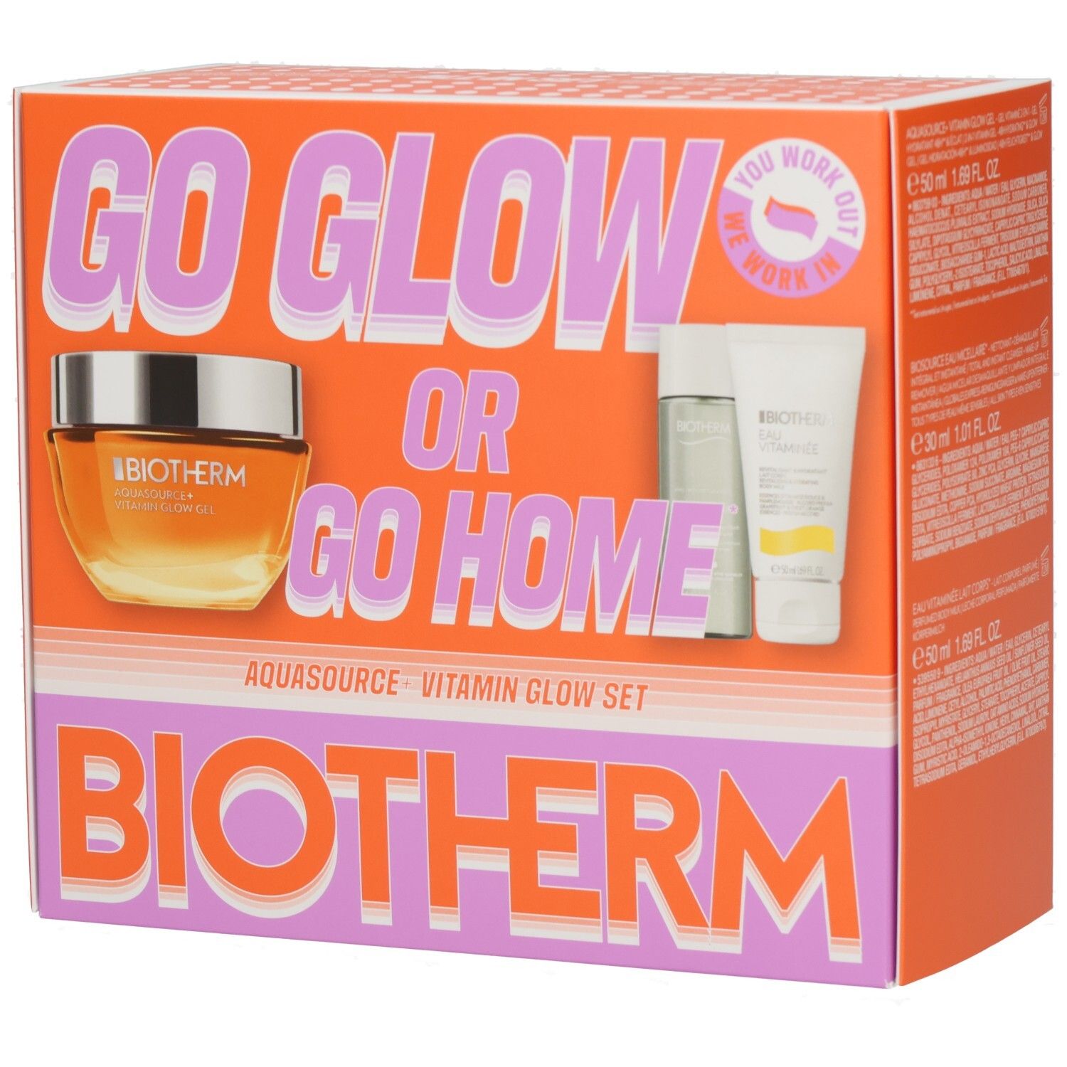 Biotherm Aquasource Vitamin Glow Set Kosmetikverpackung mit drei Produkten und Text.