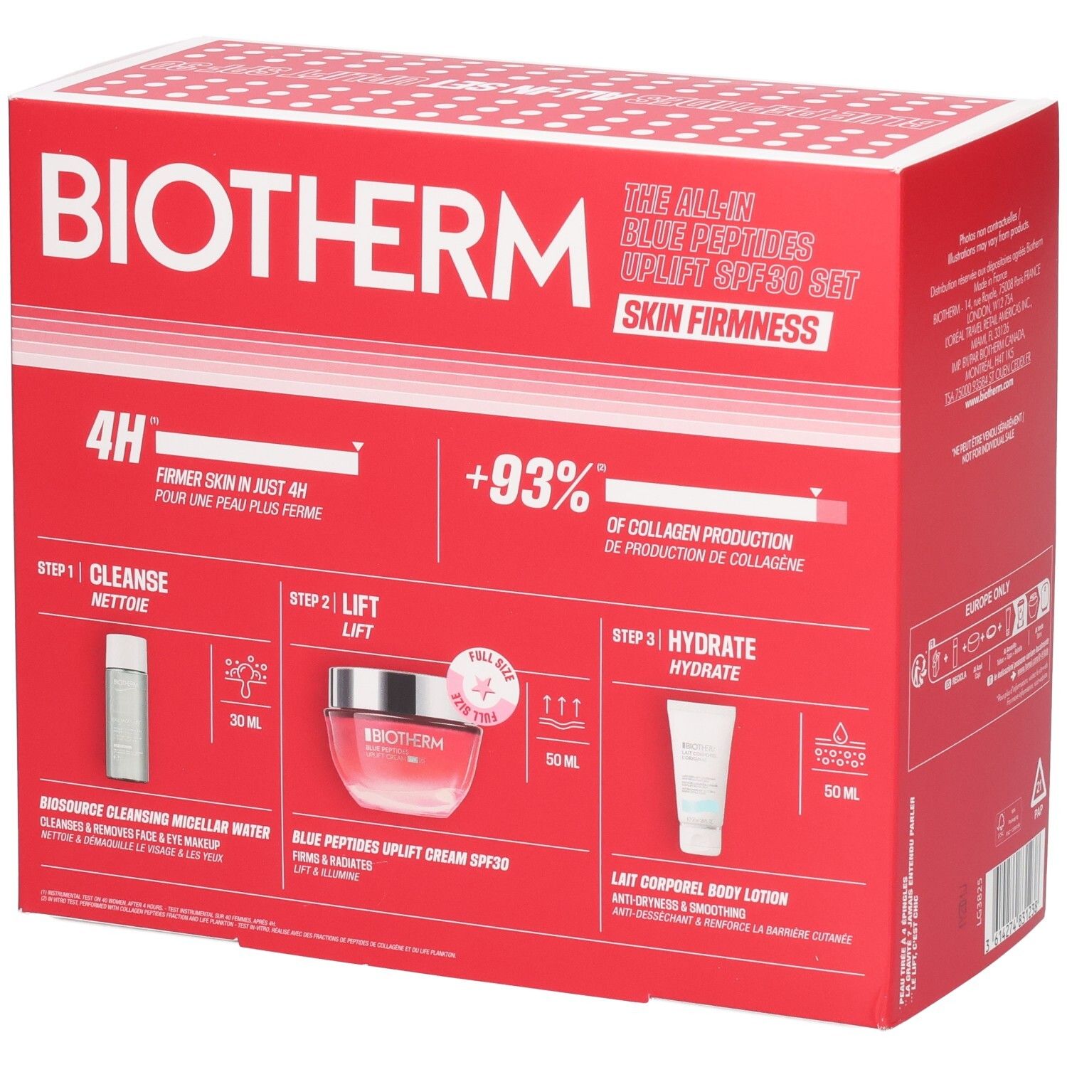 Biotherm Blue Therapy Uplift Set: Drei Produkte mit Schritt-für-Schritt-Anleitung auf roter Verpackung.