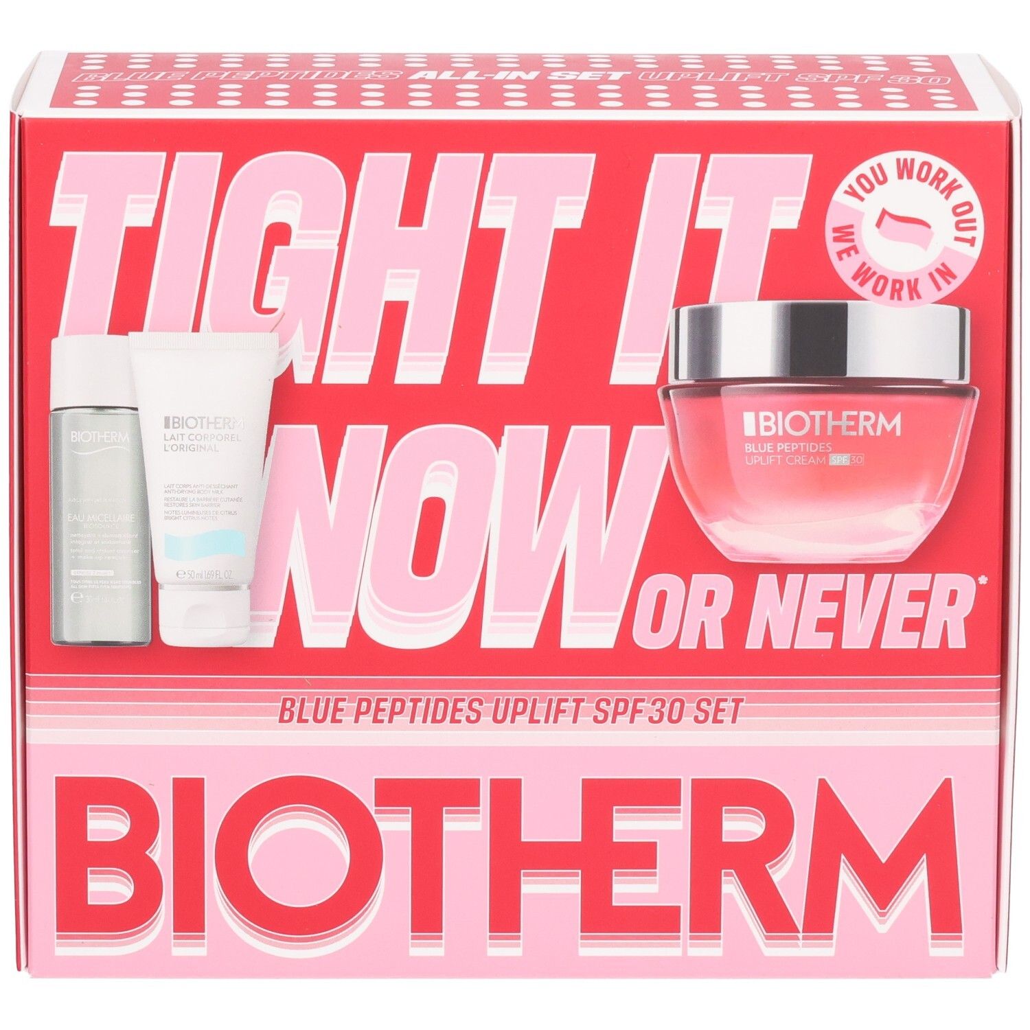 Biotherm Blue Therapy Uplift Set: Tiegel und zwei Fläschchen auf rotem Karton mit Text.