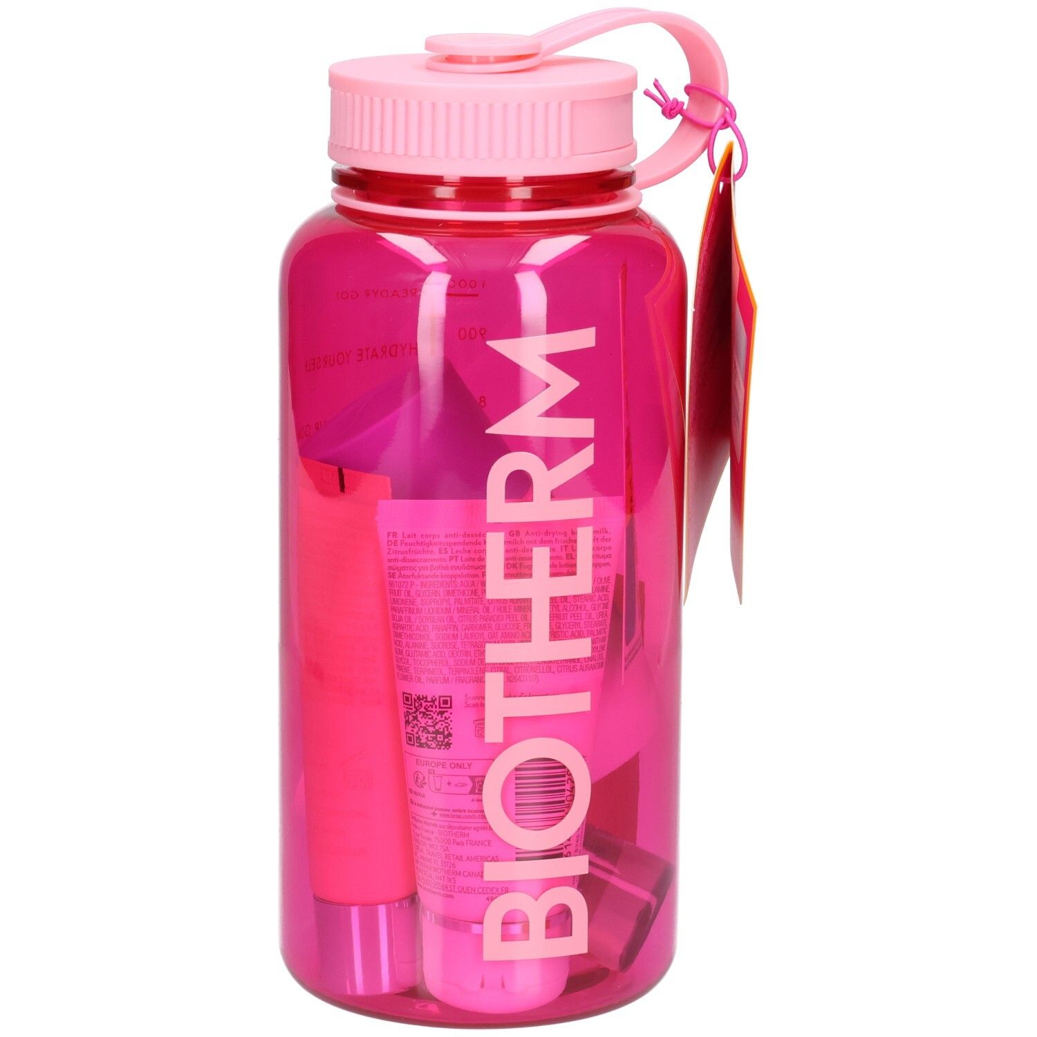 Pinke BIOTHERM Wasserflasche mit kosmetischen Produkten.
