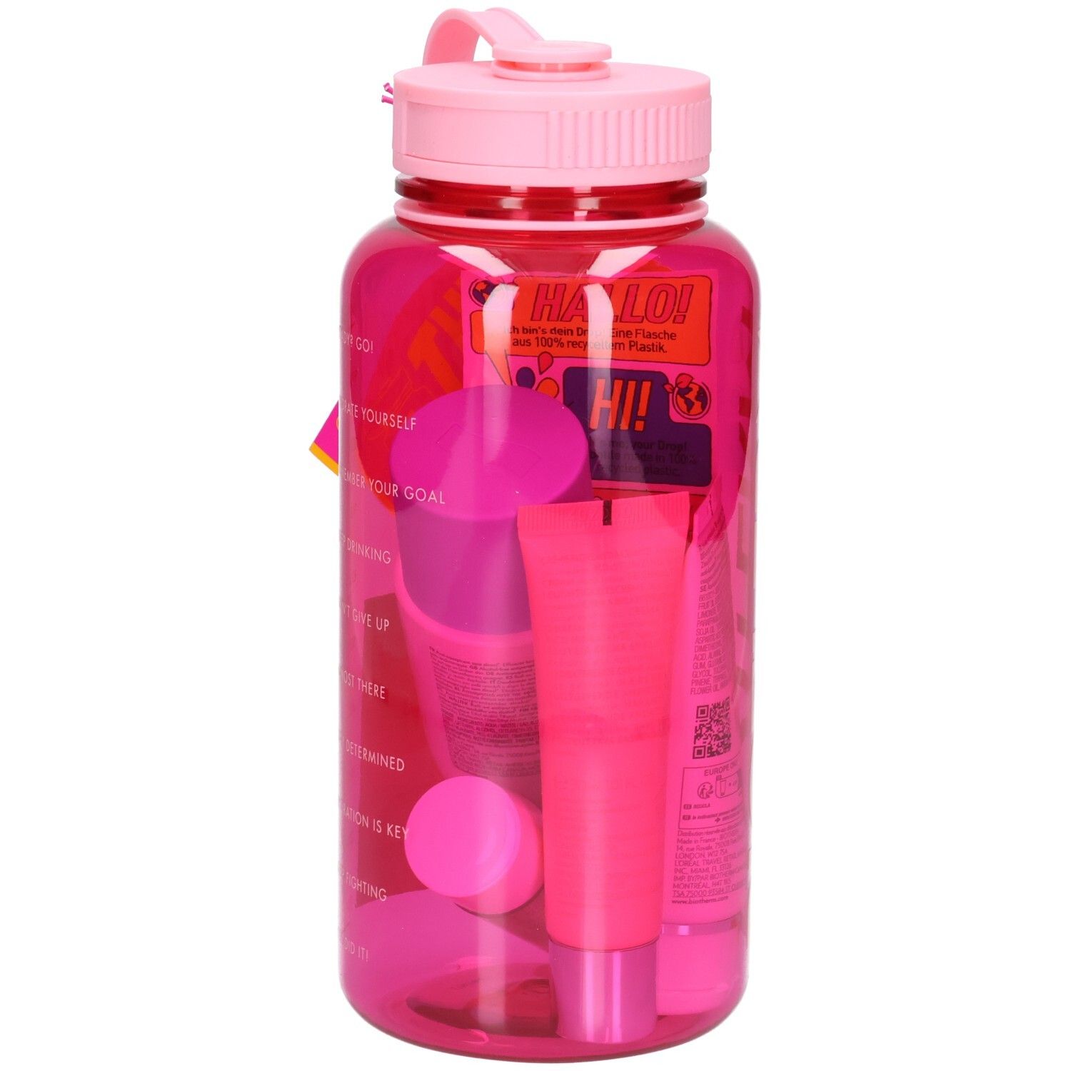 Pinke BIOTHERM Wasserflasche mit kosmetischen Produkten und Aufklebern.