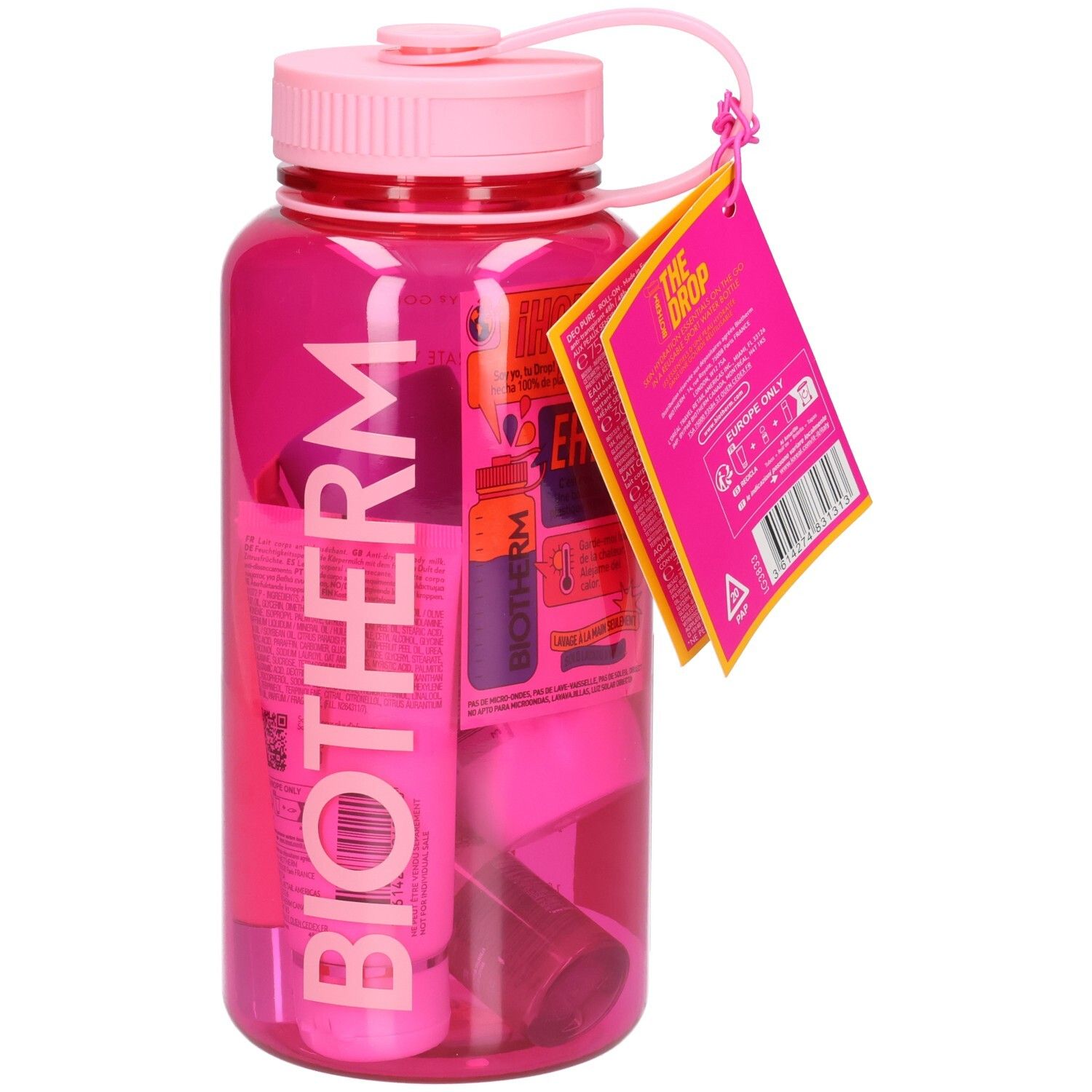 Pinke BIOTHERM Wasserflasche mit kosmetischen Produkten und Anhänger.