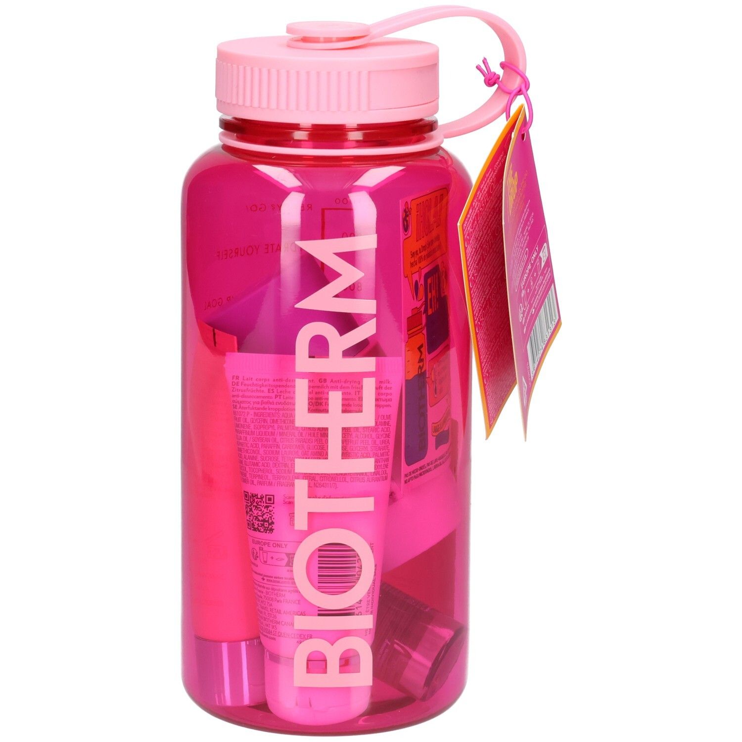 Pinke BIOTHERM Wasserflasche mit kosmetischen Produkten und Anhänger.