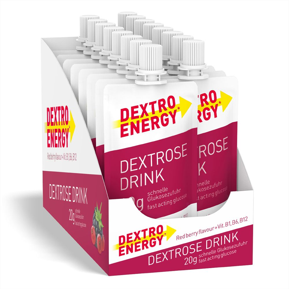Verpackung mit 12 Dextro Energy Dextrose Drink Beuteln, rote Beeren.