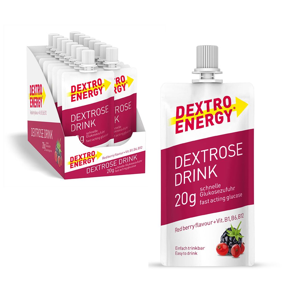 Dextro Energy Dextrose Drink Beutel und eine offene Verpackung.