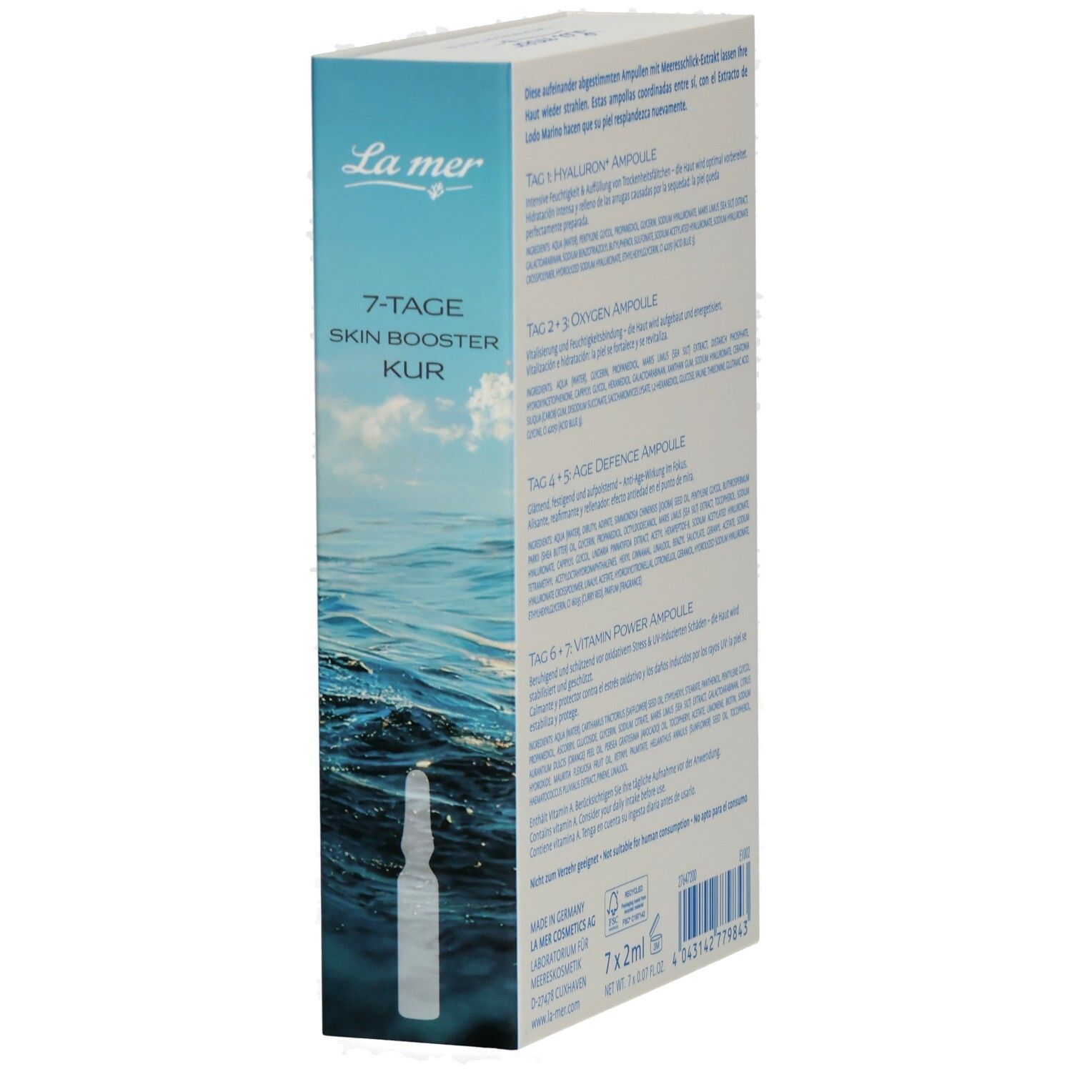Seitenansicht der La mer 7-Tage Skin Booster Ampullen-Kur Verpackung mit Text.