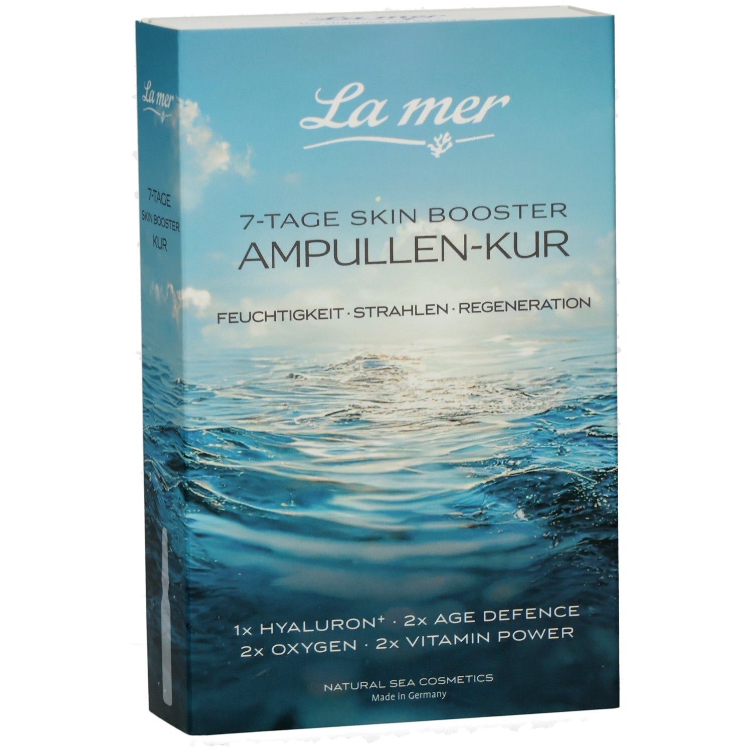 Verpackung der 7-Tage Skin Booster Ampullen-Kur von La mer mit Meeresmotiv.