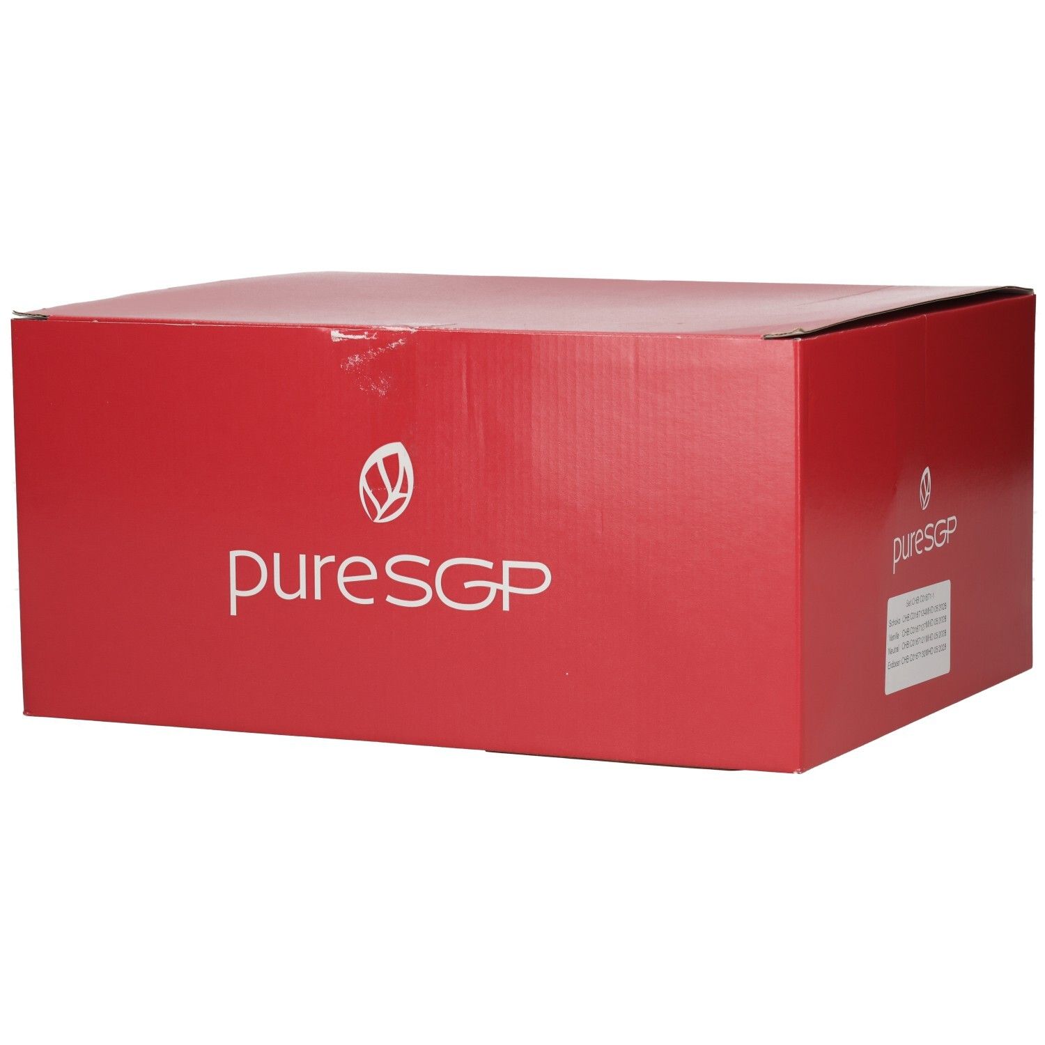 Emballage carton rouge PuresGP avec logo et nom blancs.
