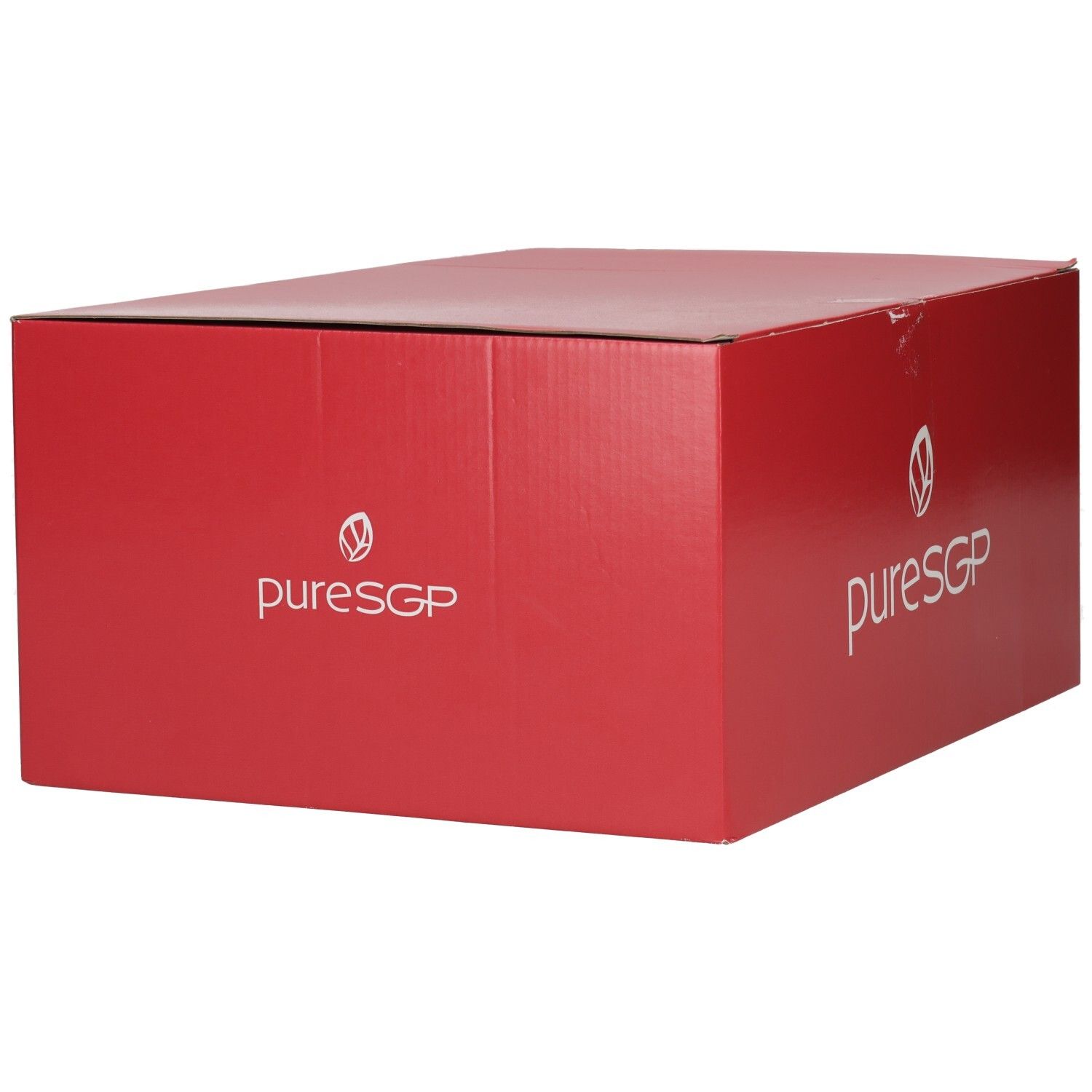 Emballage carton rouge PuresGP, vue latérale avec logo et nom blancs.