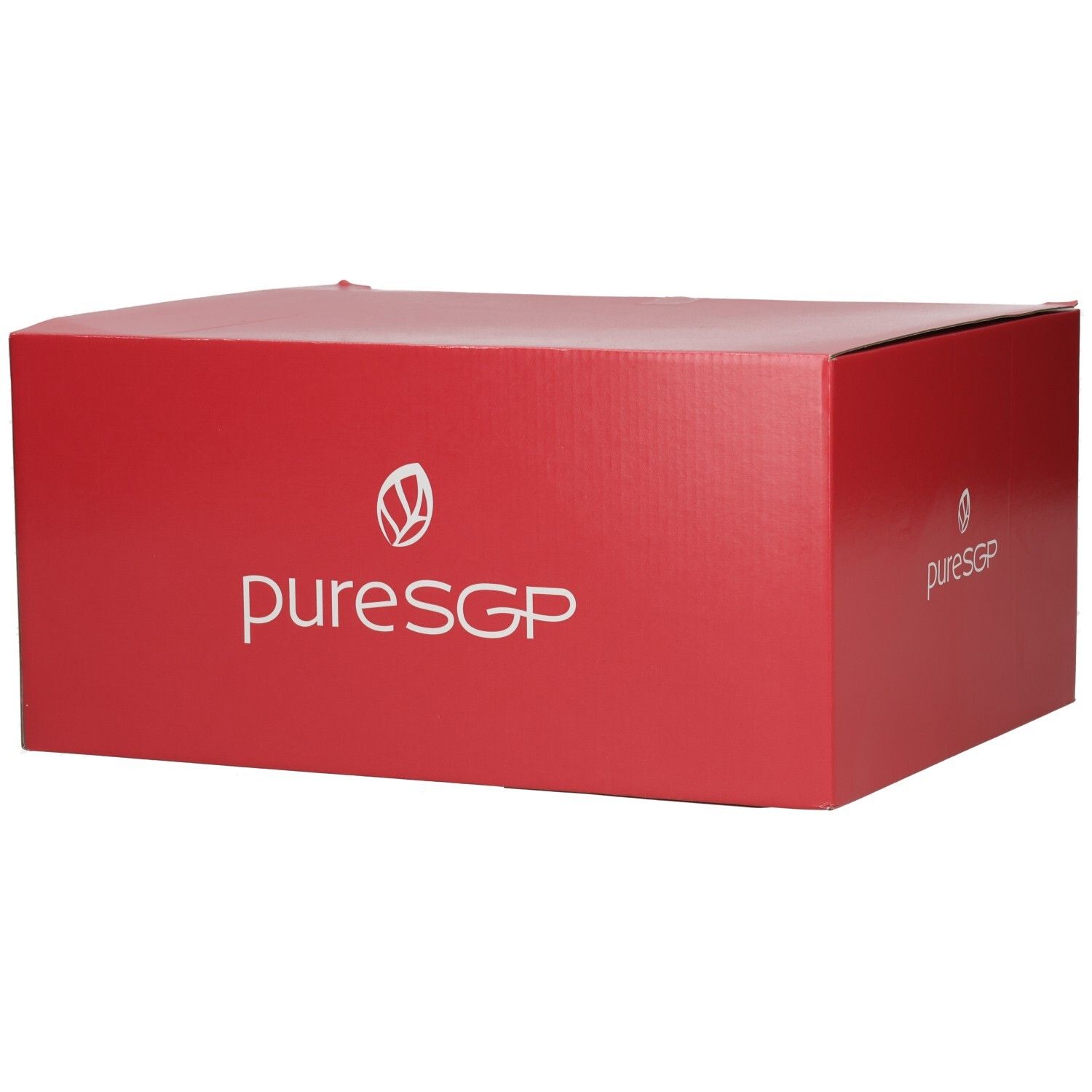Emballage carton rouge PuresGP, vue en perspective avec logo et nom blancs.