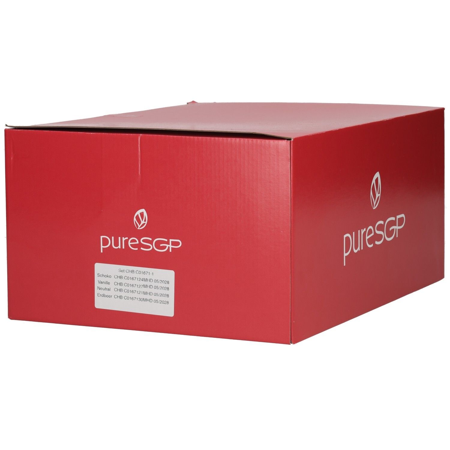 Emballage carton rouge PuresGP avec logo blanc et zone d'étiquette.