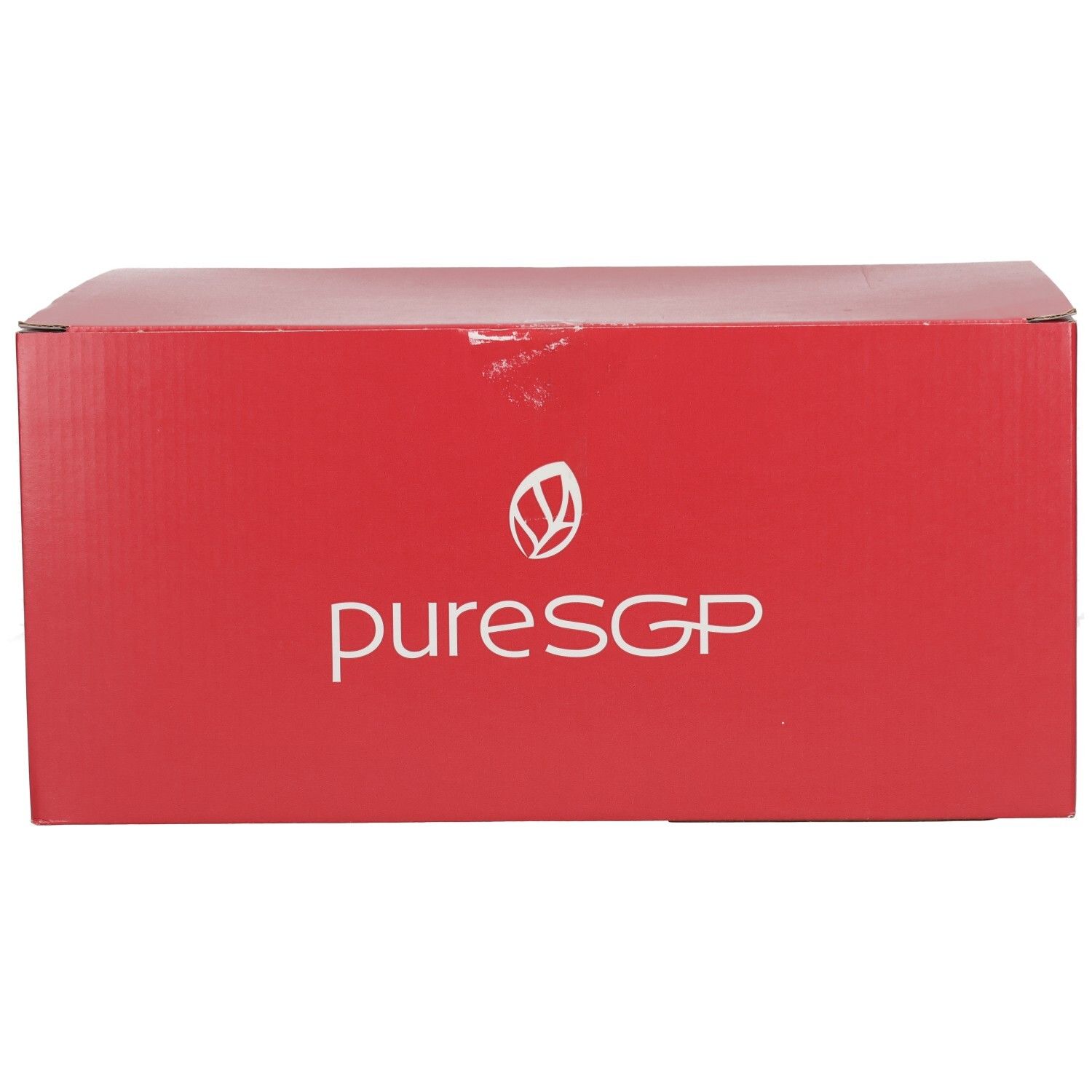 Emballage carton rouge PuresGP, face avant avec logo et nom blancs.