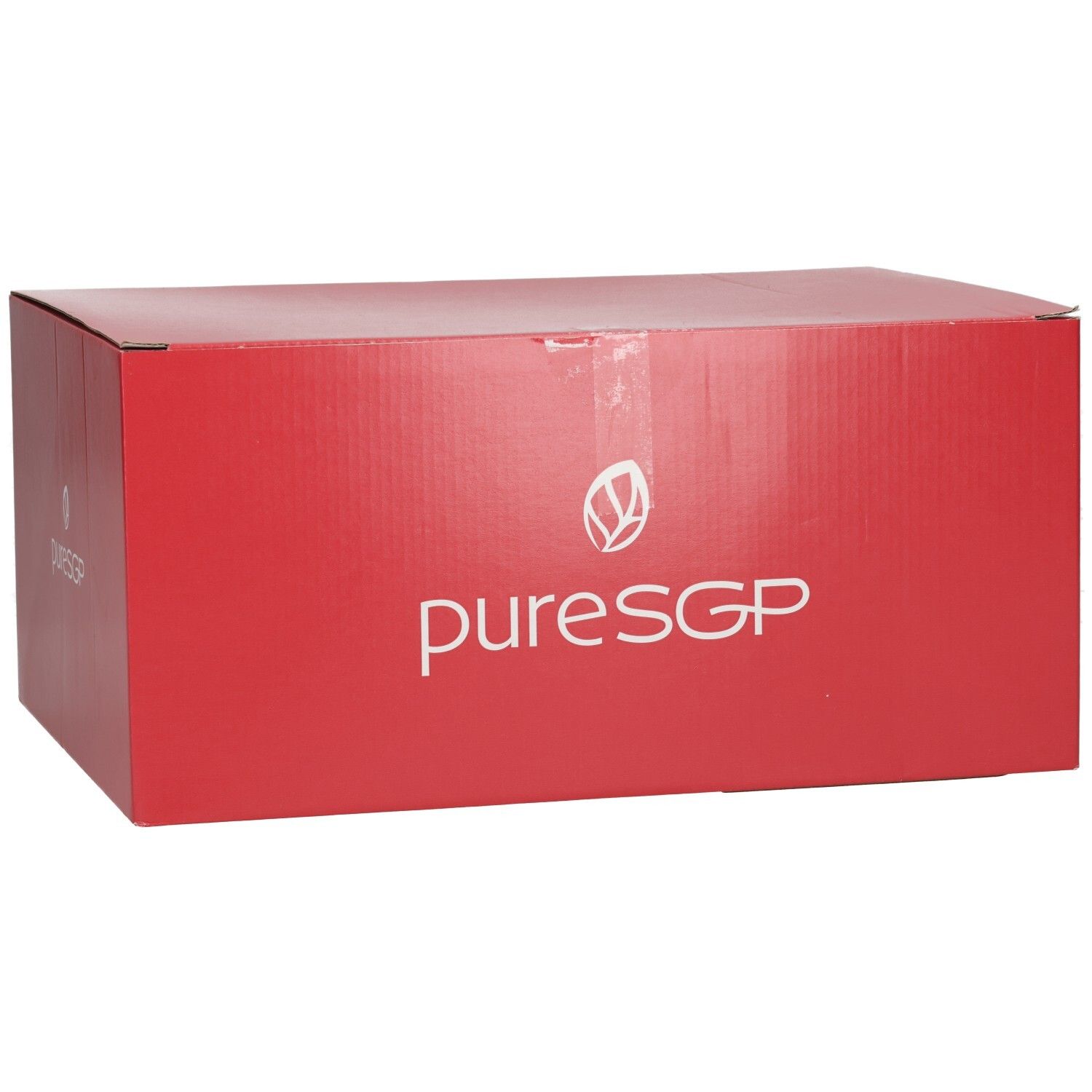 Emballage carton rouge PuresGP, vue avant en perspective avec logo blanc.