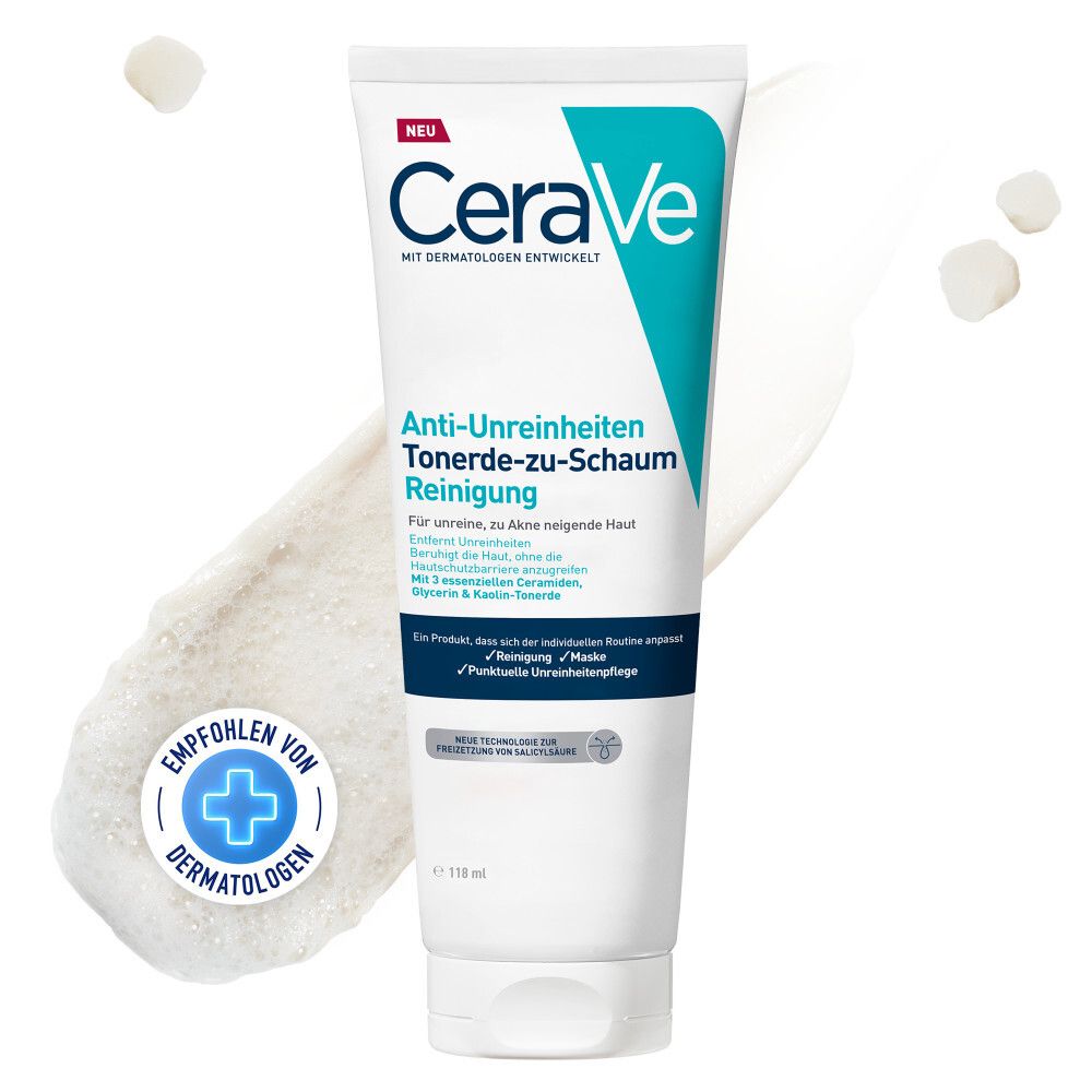 Tube CeraVe Argile-Moussante Nettoyante avec texture mousse et sceau 'Recommandé par les dermatologues'.