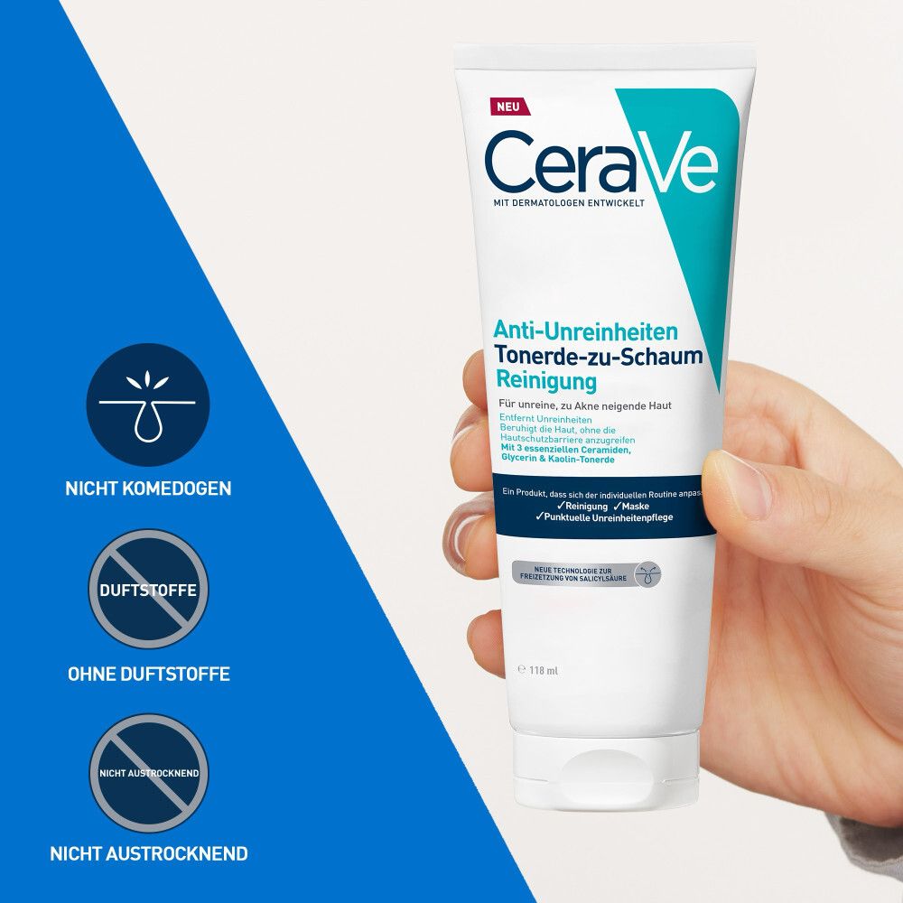Tube CeraVe tenu en main, avec icônes pour 'Non comédogène', 'Parfums' et 'Non desséchant'.
