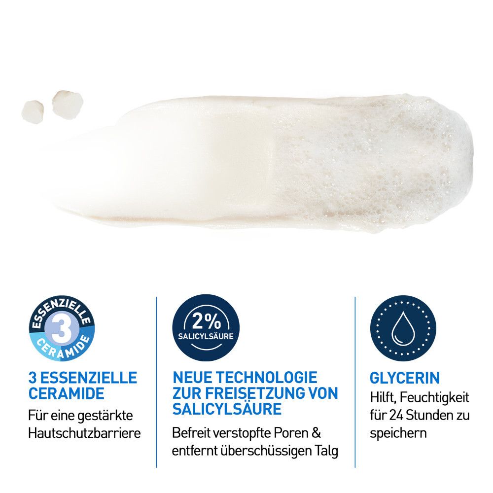Texture mousse avec icônes pour '3 Céramides Essentiels', '2% Acide Salicylique' et 'Glycérine'.
