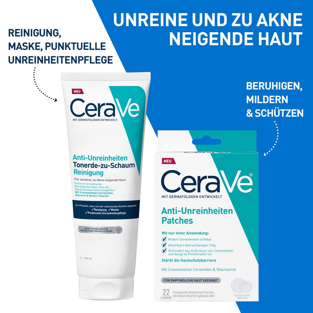 Produit nettoyant CeraVe et Patchs Anti-Imperfections pour peau impure.