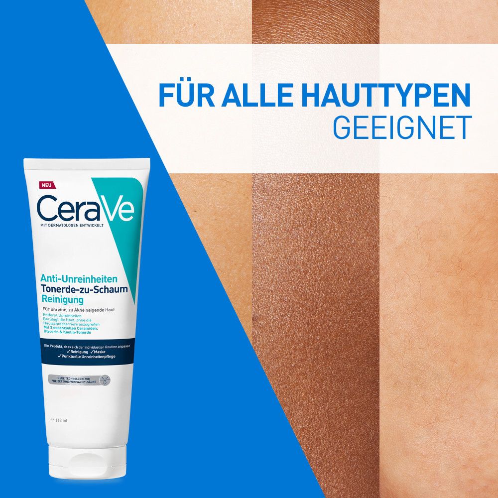 Tube CeraVe devant un fond de différentes carnations, 'Convient à tous les types de peau'.