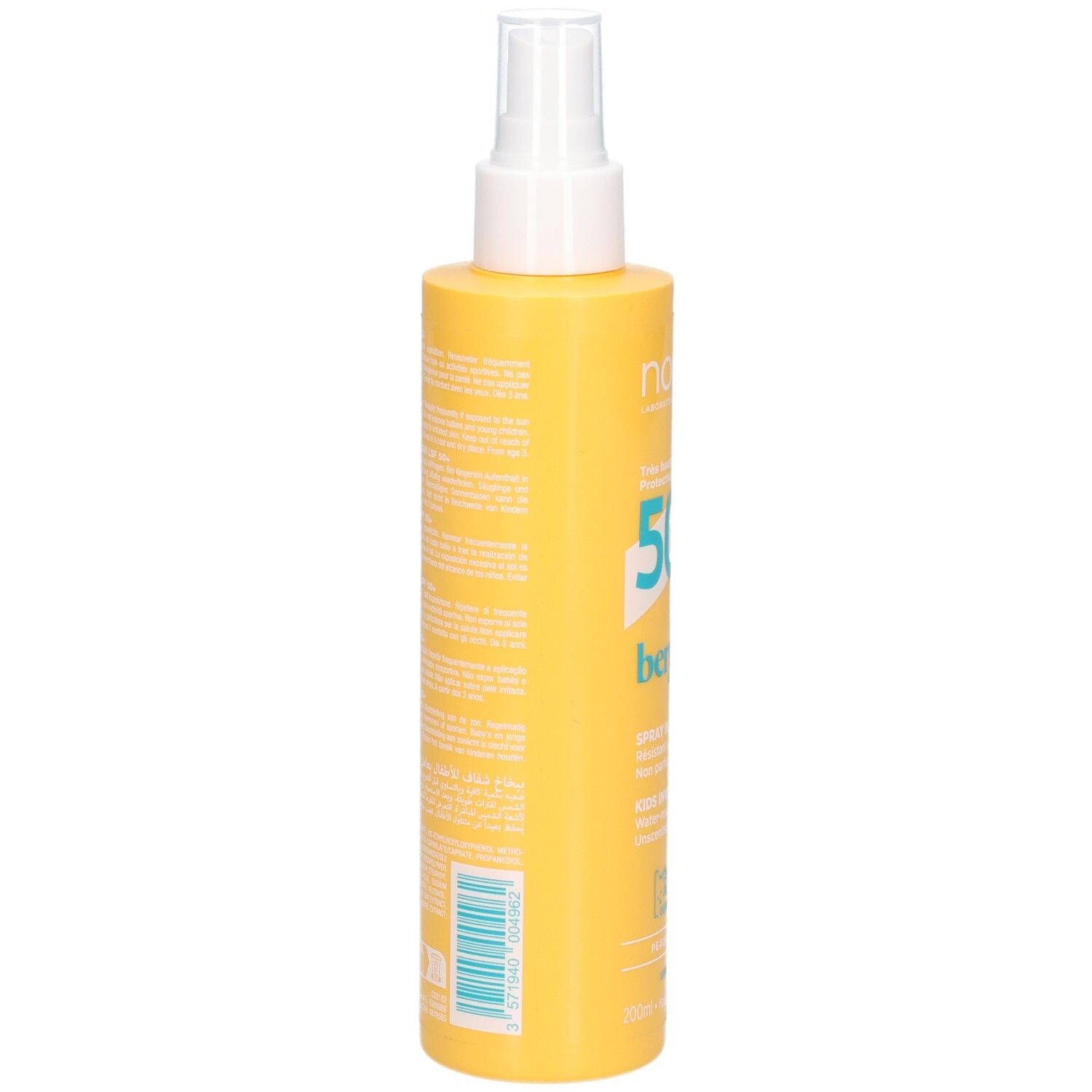 Rückseite Noreva Bergasol Kinder-Sonnenspray LSF 50+. Gelbe Sprühflasche mit detaillierten Produktinformationen.