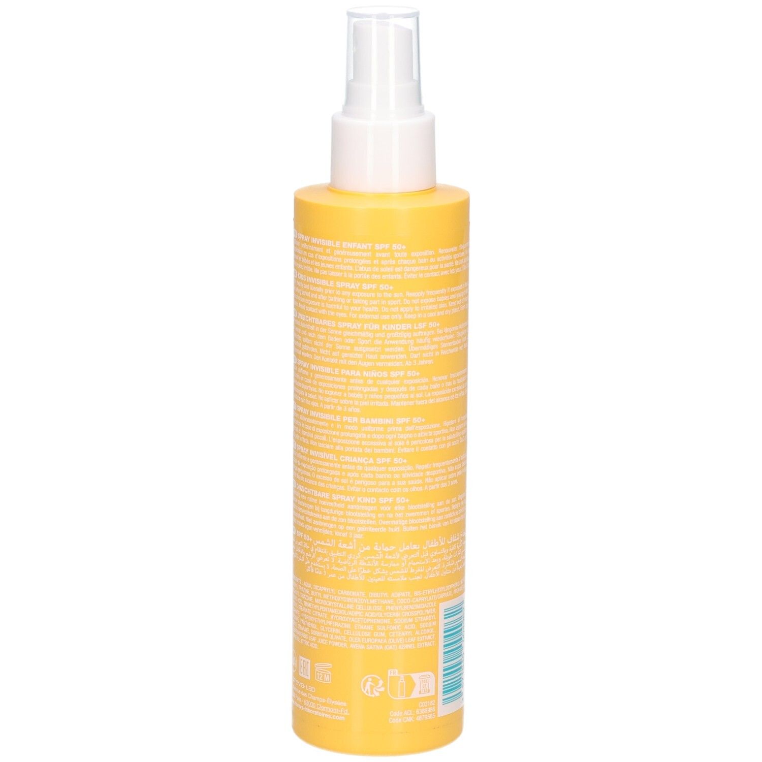 Seitenansicht Noreva Bergasol Kinder-Sonnenspray LSF 50+. Gelbe Sprühflasche mit Text und Barcode.